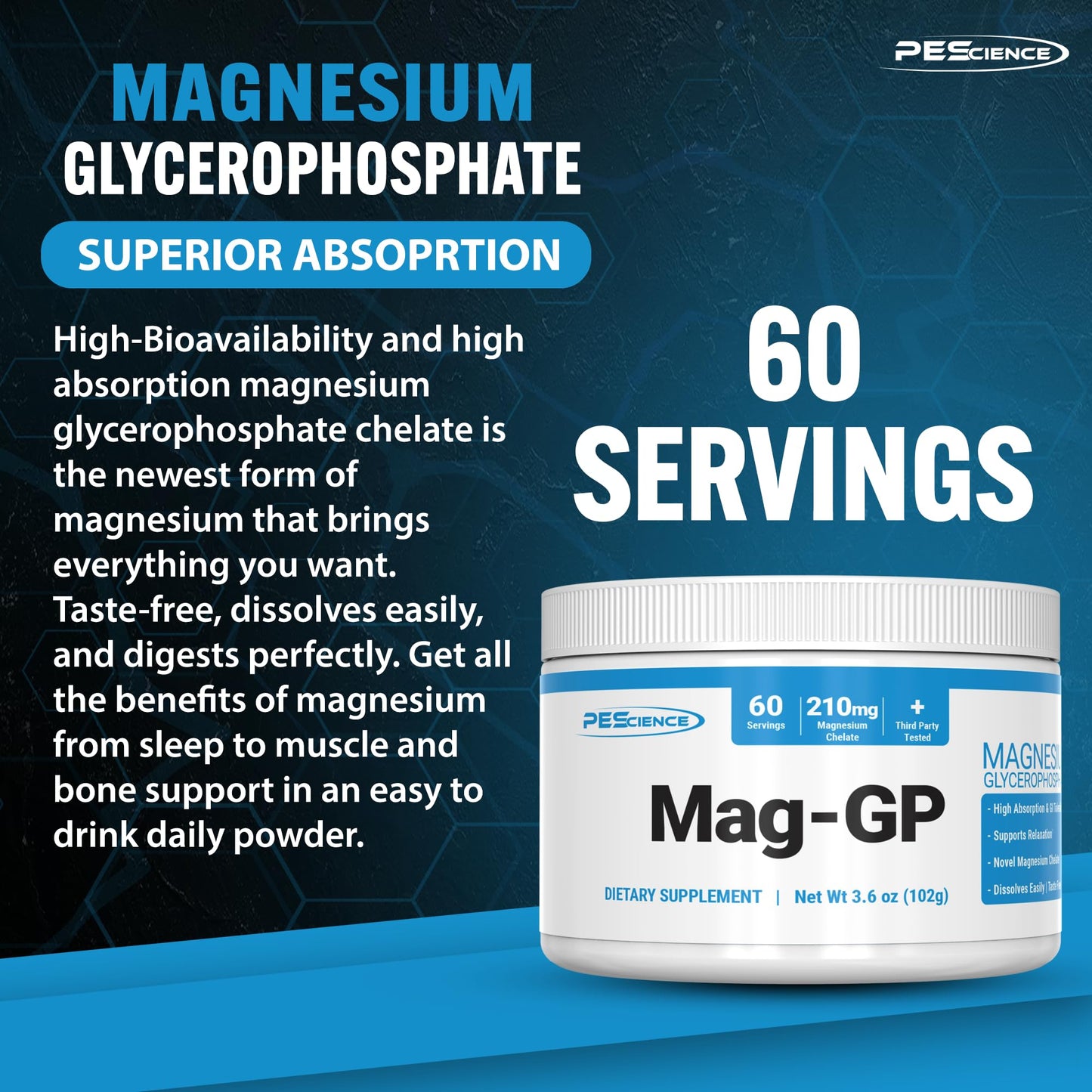 PEScience Mag-GP Magnesium Glycerophosphate Chelate Powder, 3.6 Ounce