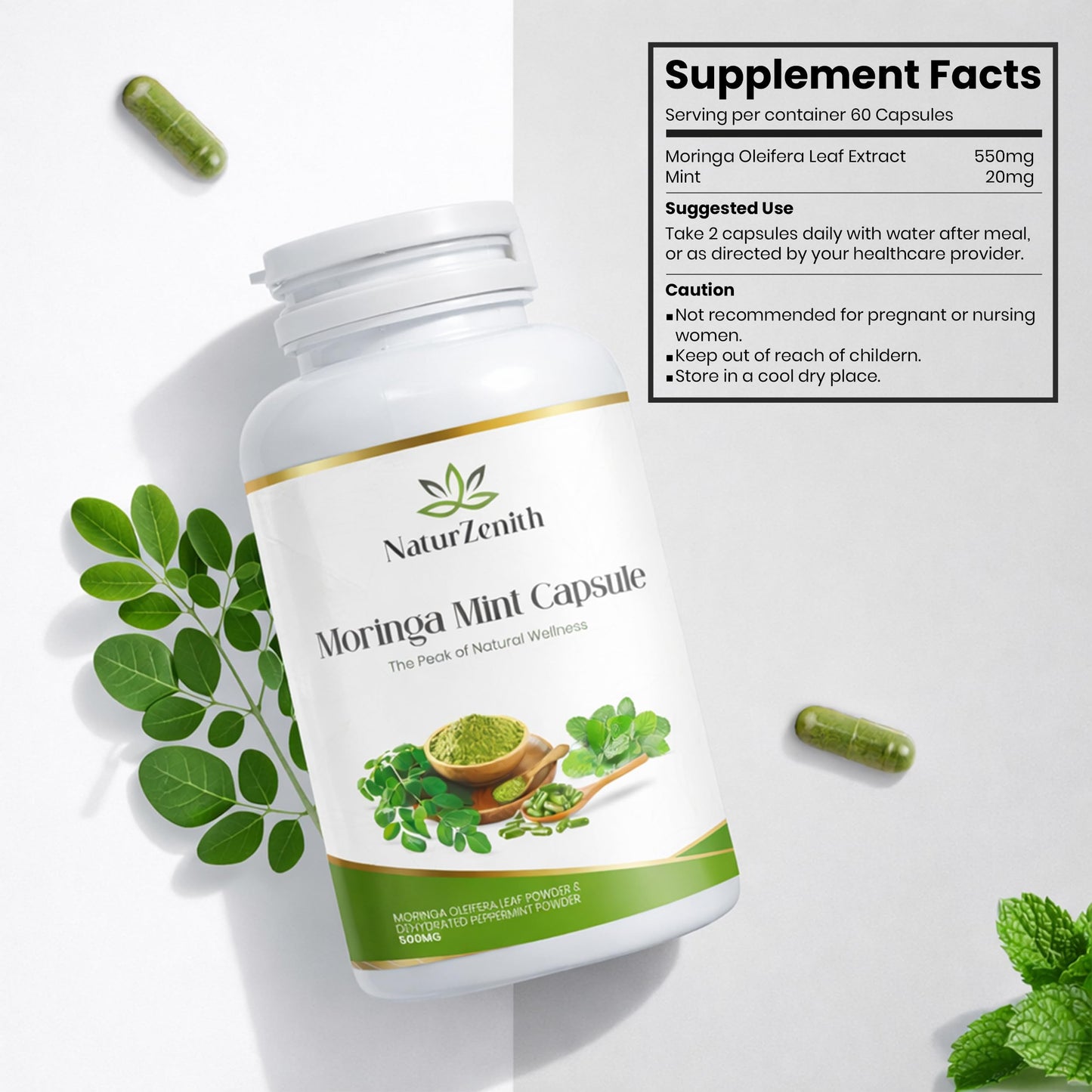 NaturZenith Moringa Mint Capsules 500mg – Moringa Oleifera Leaf Powder with Peppermint – Daily Herbal Supplement for Fresh Routine & Plant-Based Wellness – 60 Capsules