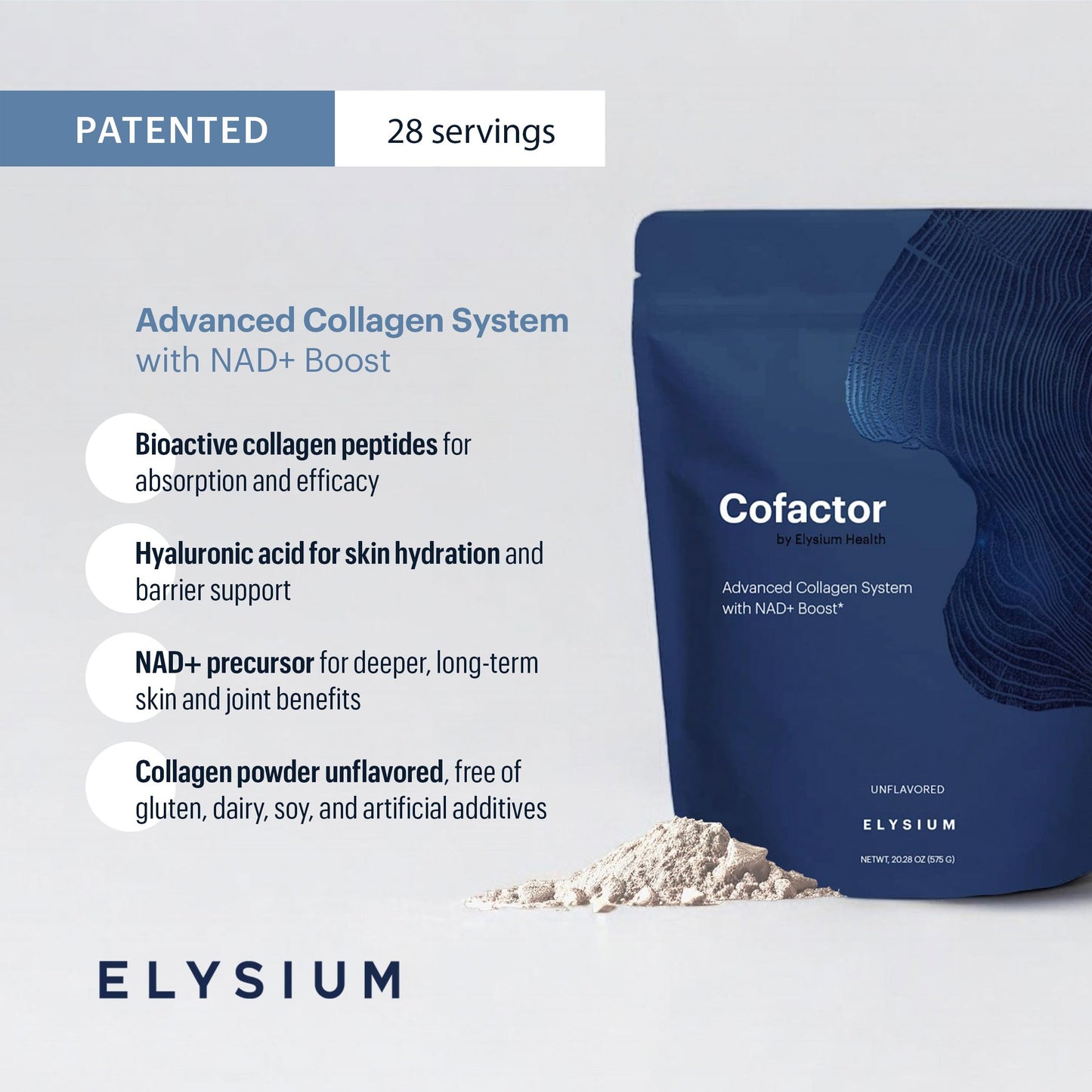 ELYSIUM Cofactor 4-in-1 Collagen Peptides Powder with NAD+, Hyaluronic Acid & Vitamin C, Unflavored, 28 Servings