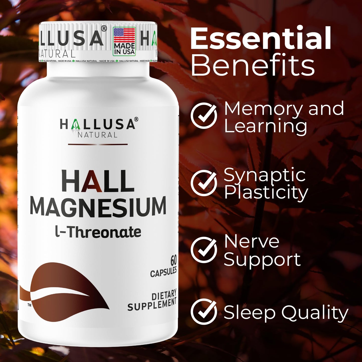 Hallusa Natural Magnesium L-Threonate Supplement Capsules, 60 Capsules