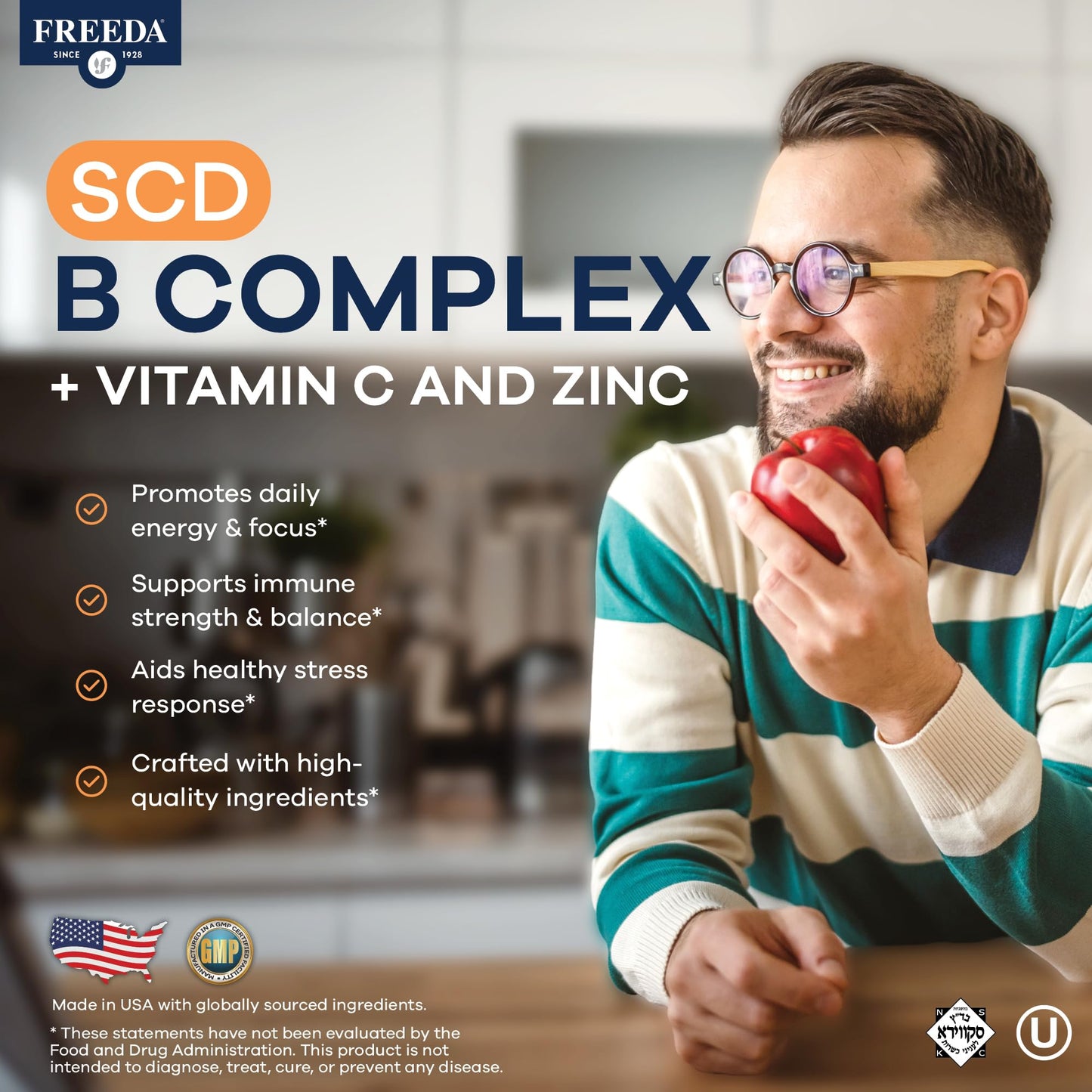 FREEDA Vitamin B Complex with Vitamin C & Zinc – Stress B Complex, Methylfolate & Active B12 + B1 B2 B3 B6 Biotin Choline – BComplex Vitamins for Women & Men – SCD Legal, Kosher, Vegan Capsules, 60 Count
