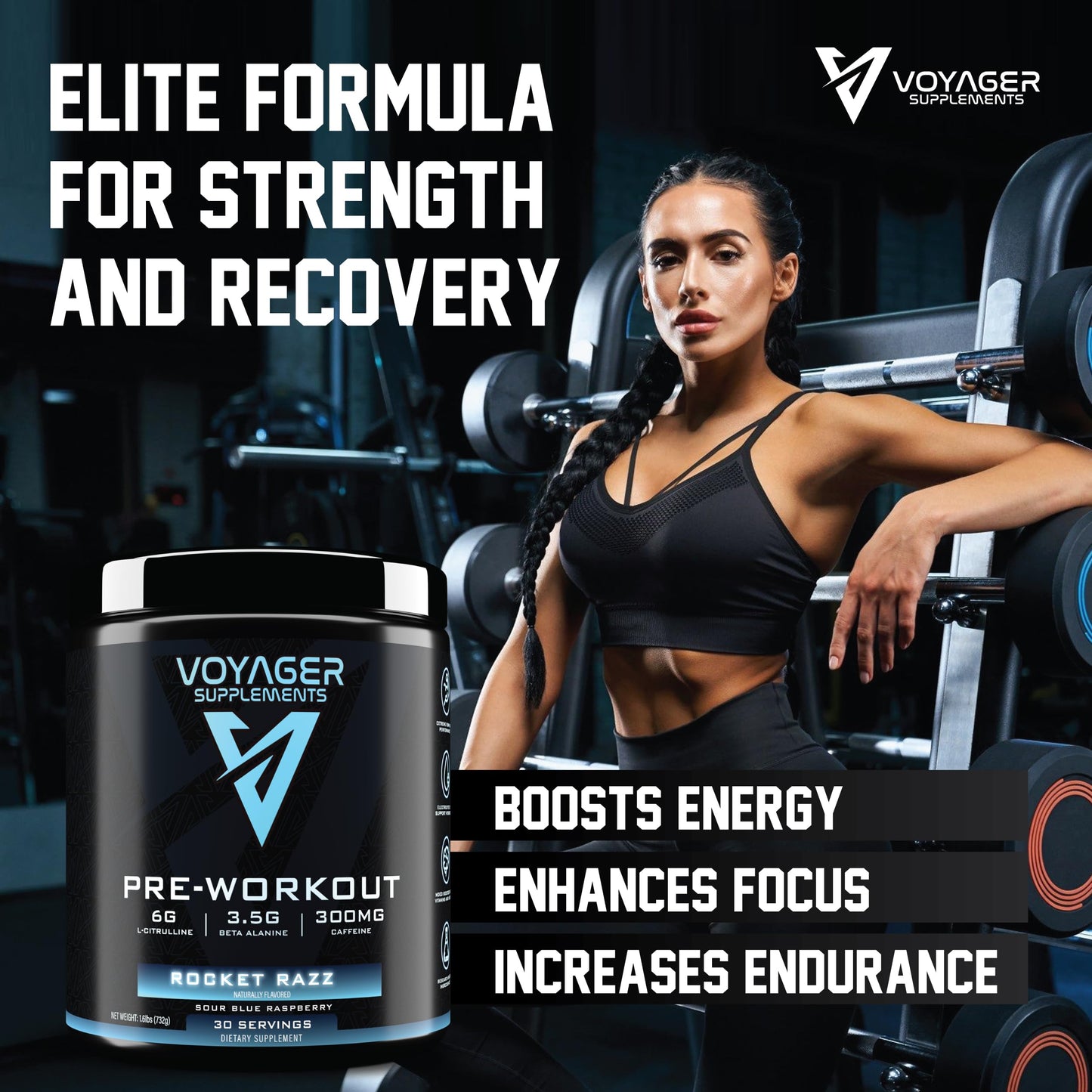 Voyager Supplements Pre-Workout Rocket Razz Powder 25 Servings