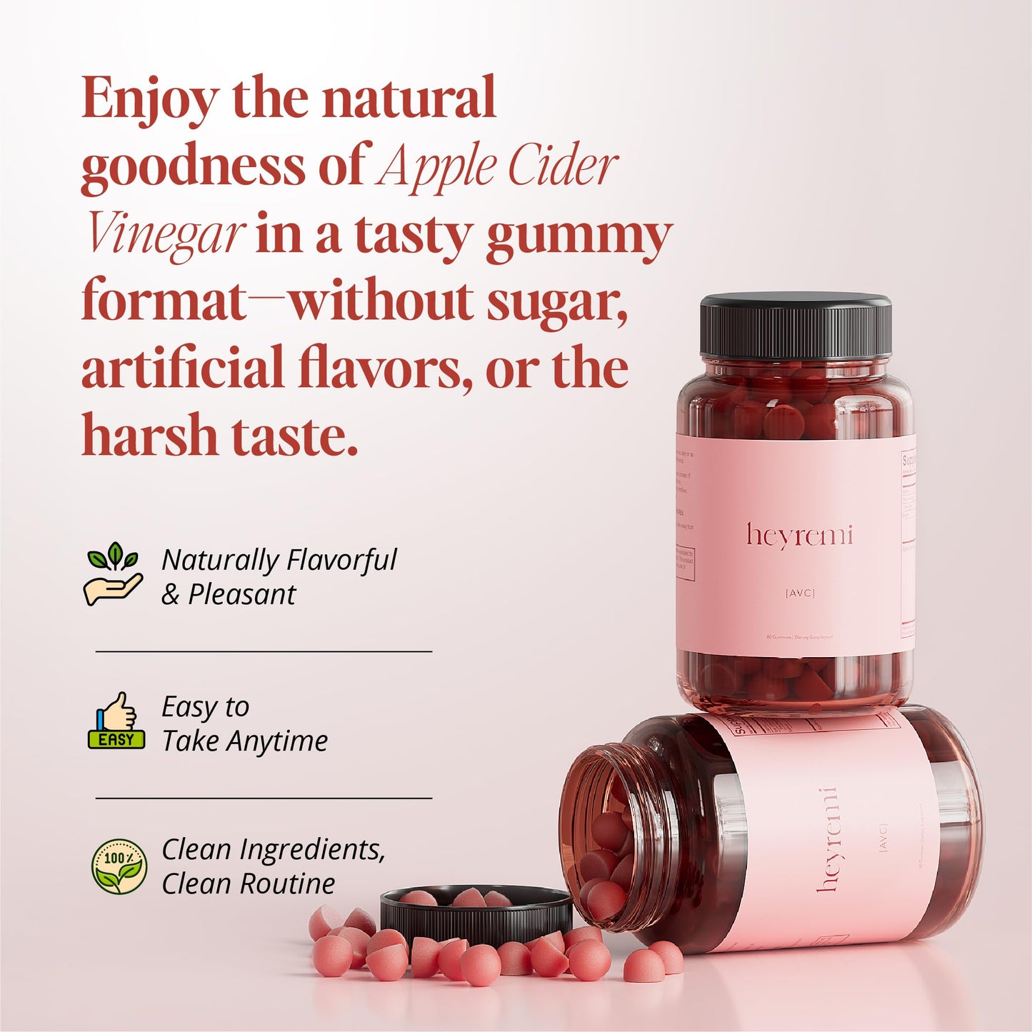 heyremi Sugar-Free Apple Cider Vinegar Gummies - Natural Digestive Support and Bloating Relief - Vegan Gut Health Support with Herbal Blend, 60 Gummies