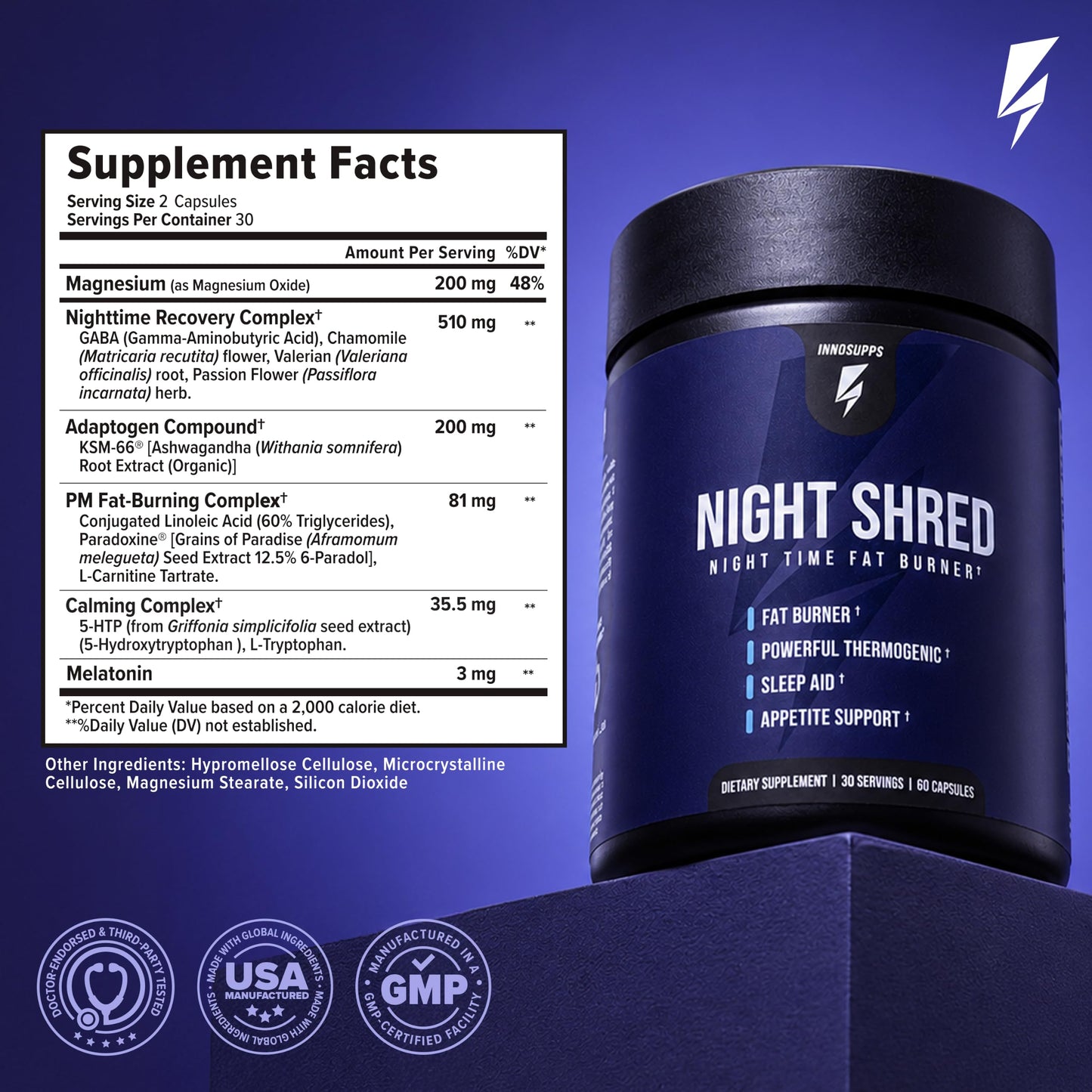 InnoSupps Night Shred Night Time Fat Burner & Natural Sleep Support Capsule, 60 Count