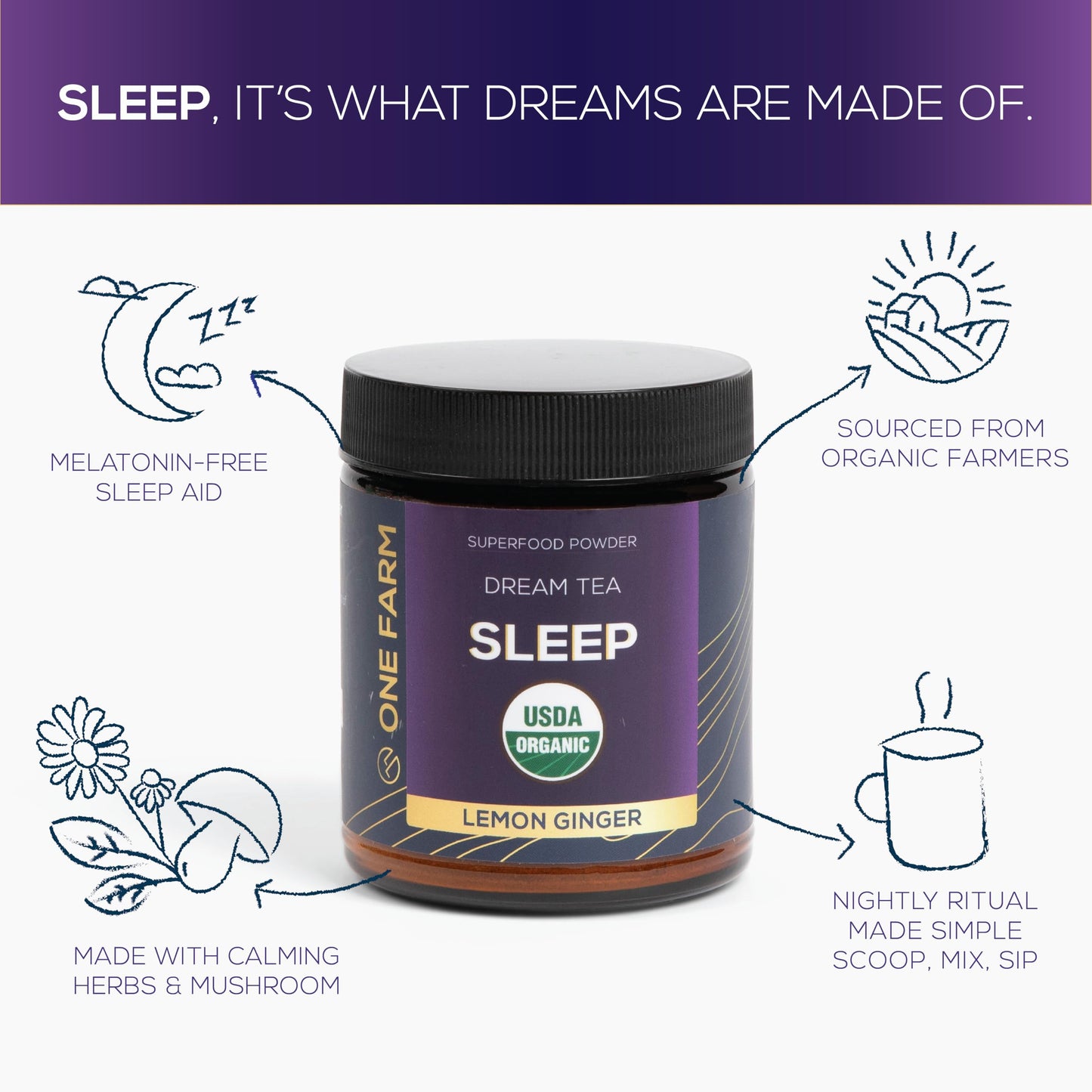 One Farm by WAAYB Dream Tea Sleep Powder, 3.17 Ounce