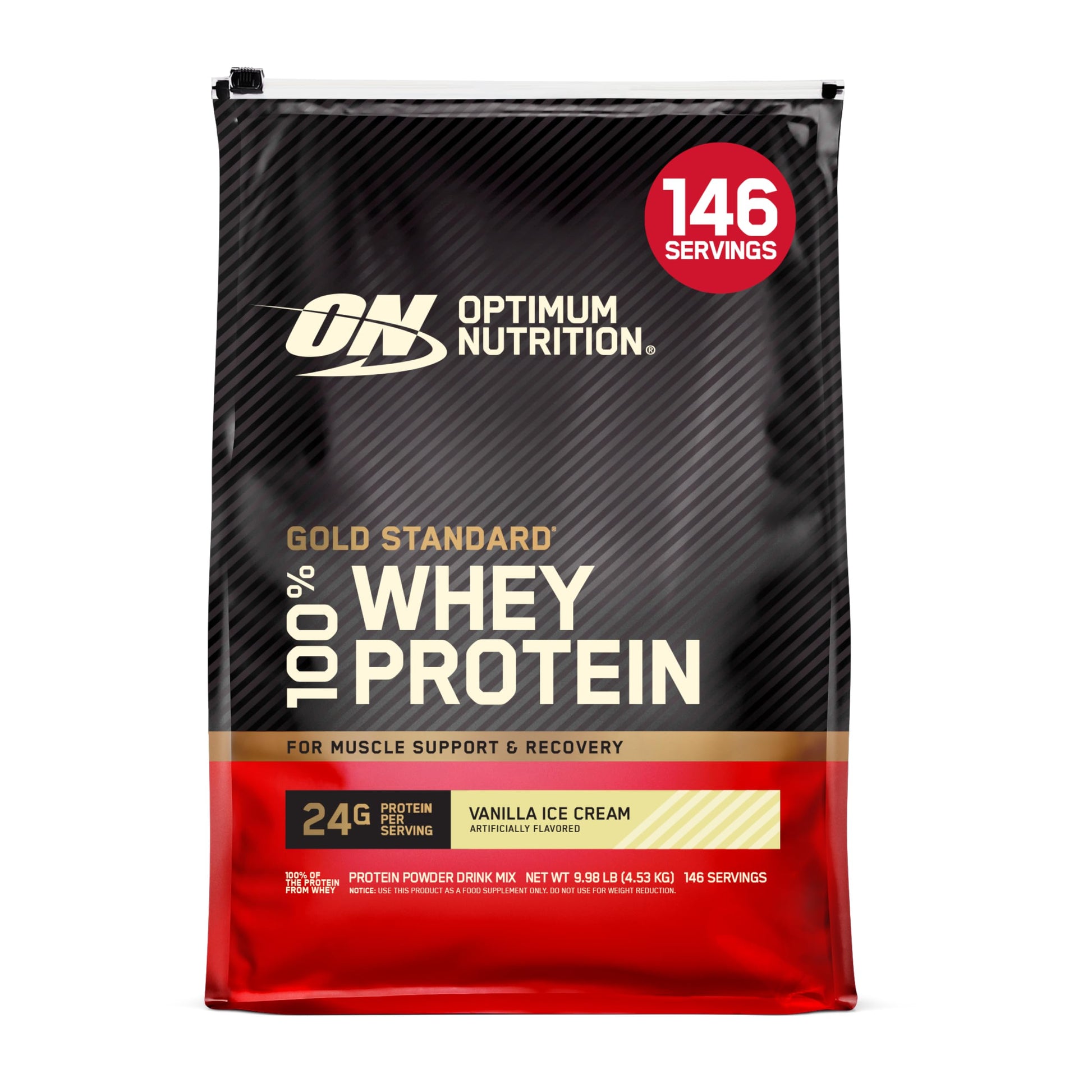 Optimum Nutrition Gold Standard 100% Whey Protein Powder Vanilla Ice Cream, 9.98 lb, 146 Servings