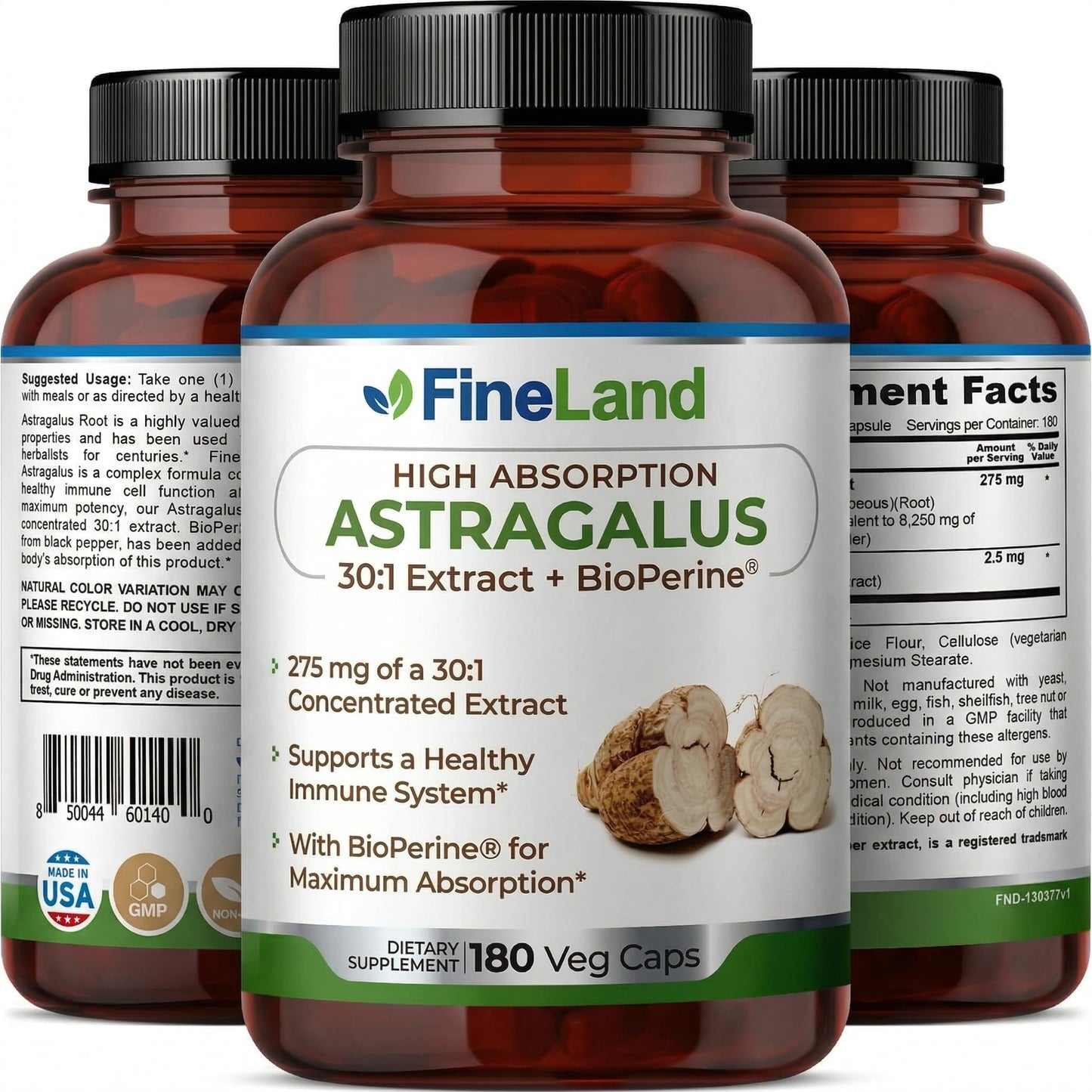 FineLand Astragalus 30:1 Extract, 275 mg - Formula with BioPerine - Non-GMO, 180 Capsules