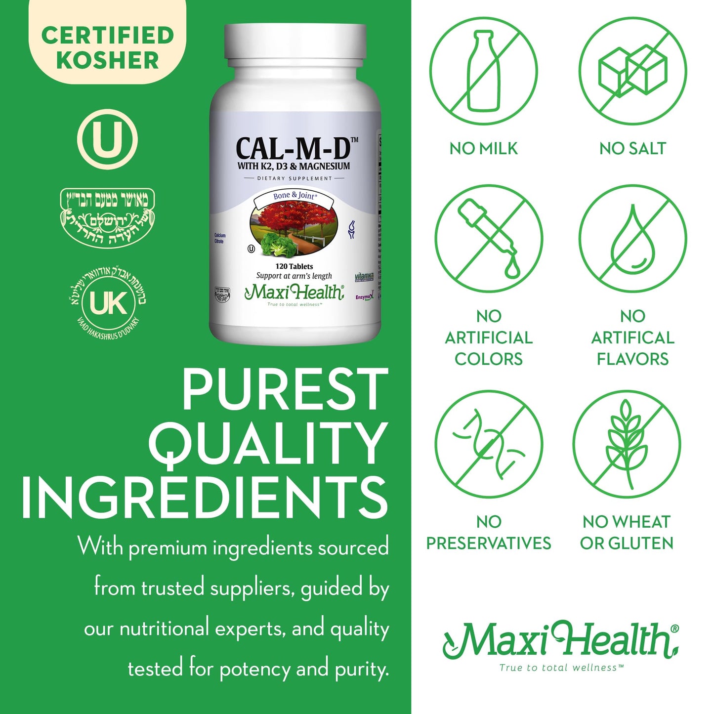 Maxi Health 4-in-1 Calcium 1000mg with Vitamin D3 and Vitamin K2 D3, Calcium Citrate Tablets, 120 Count