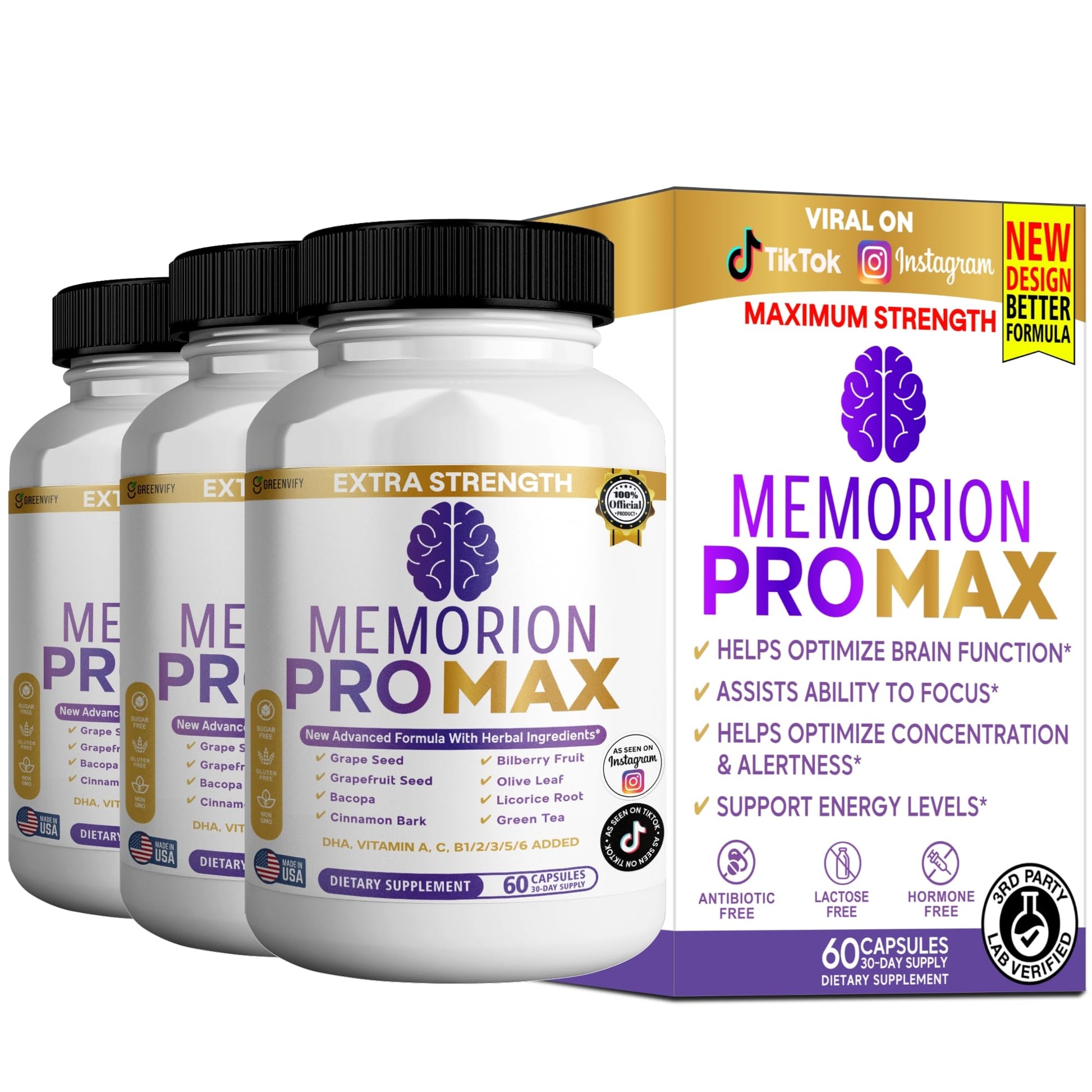GREENVIFY Memorion Pro Max Extra Strength Brain Support Supplement Capsule, 60 Capsules