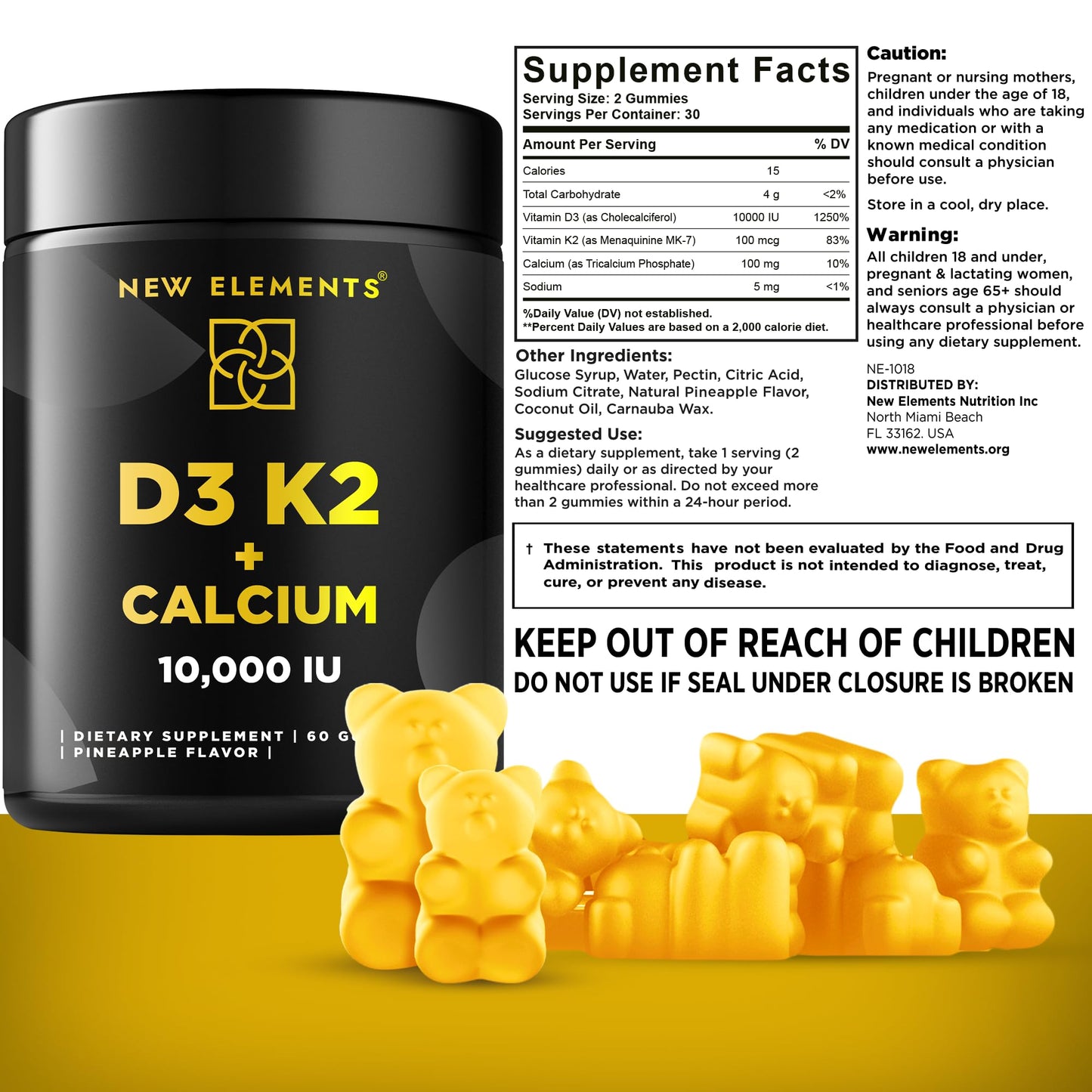 New Elements Vitamin D3 K2 Gummies 60 Count