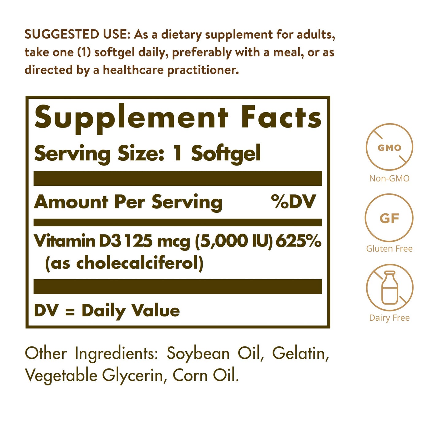 Solgar Vitamin D3 (Cholecalciferol) 125 mcg (5000 IU) Softgels 100