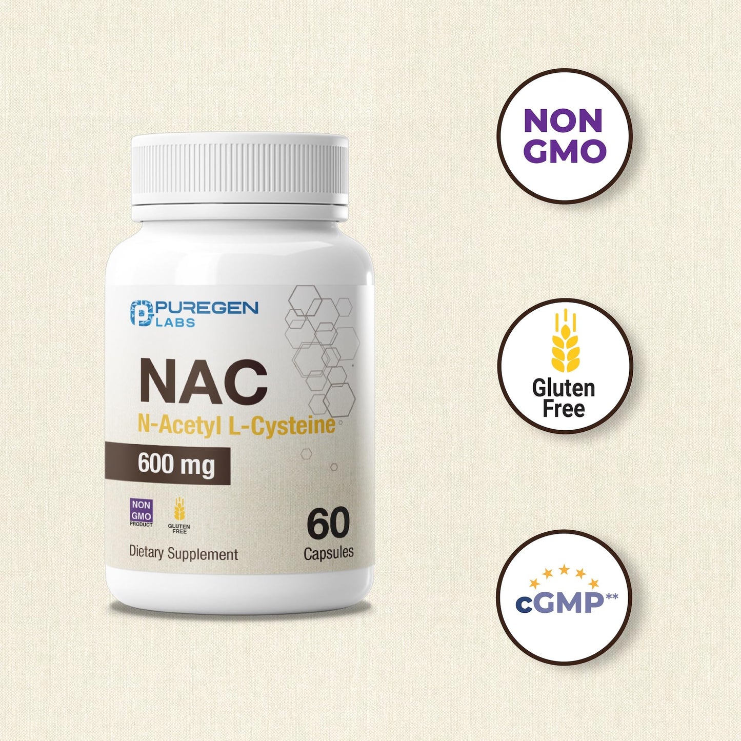 P Puregen Labs N-Acetyl-L-Cysteine (NAC) 600mg, 60 Capsules