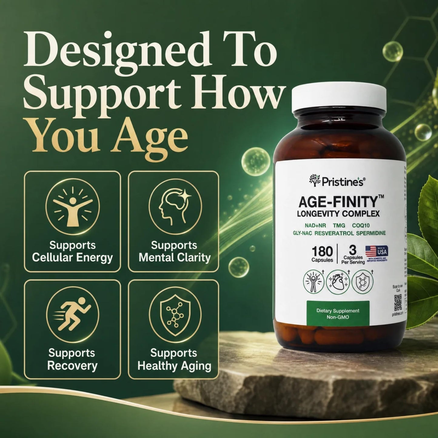 PRISTINE'S Age Finity NAD+ & NR Cellular Optimization Mitochondrial Supplement Capsules, 180 Count