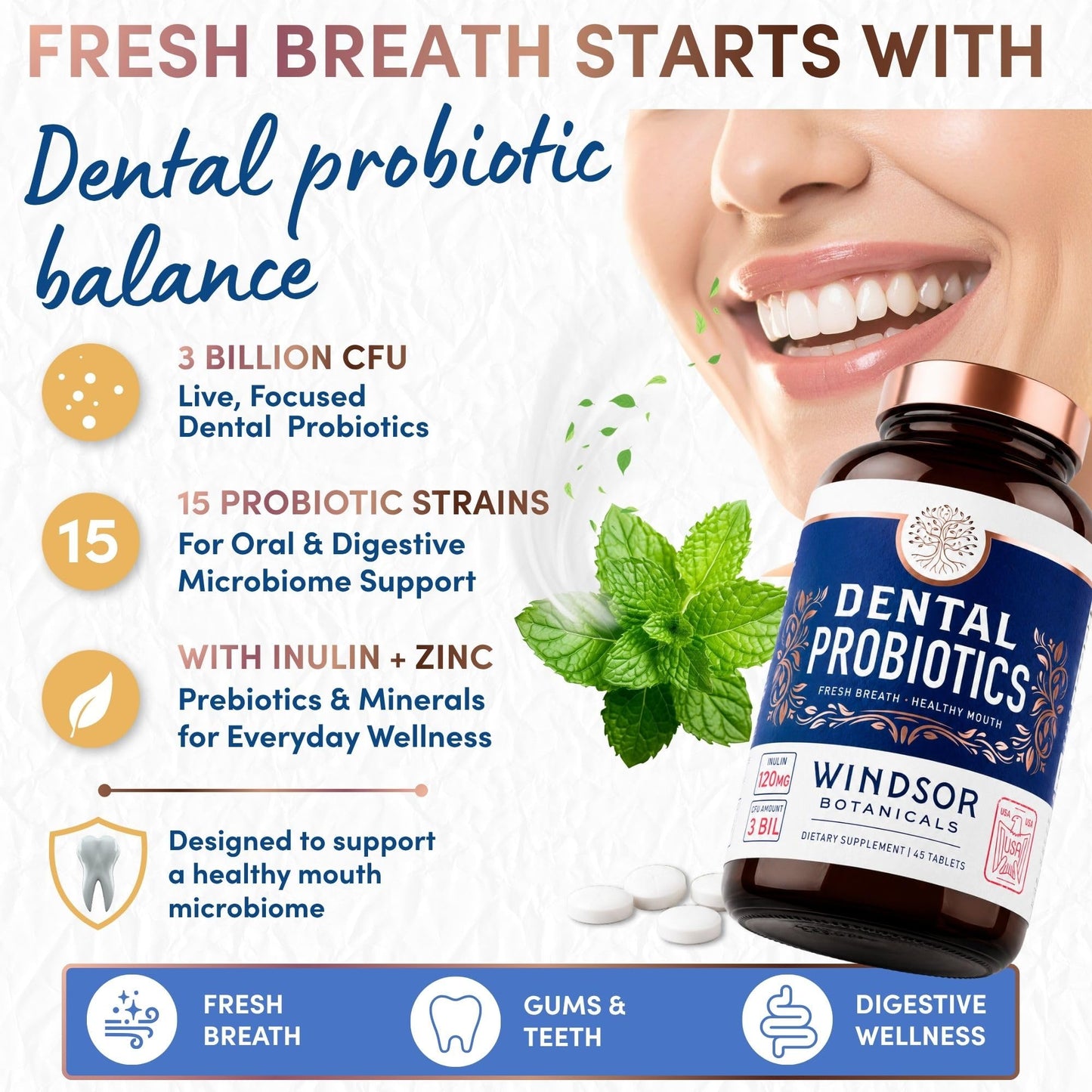 WINDSOR BOTANICALS Oral Probiotics for Teeth and Gums - 270 Chewable Mint Probiotic Tablets