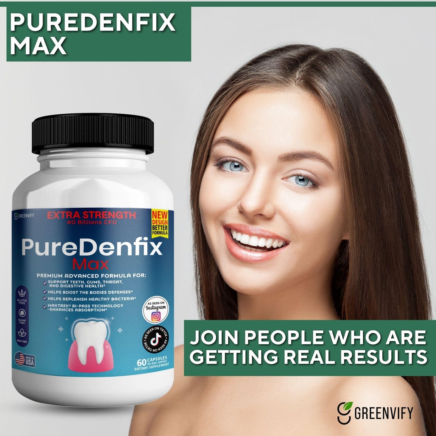 PureDenfix Max Extra Strength Probiotic Supplement with 40 Billion CFU Supports Teeth, Gums, Ears, Nose, Throat & Digestive Health, 60 Capsules