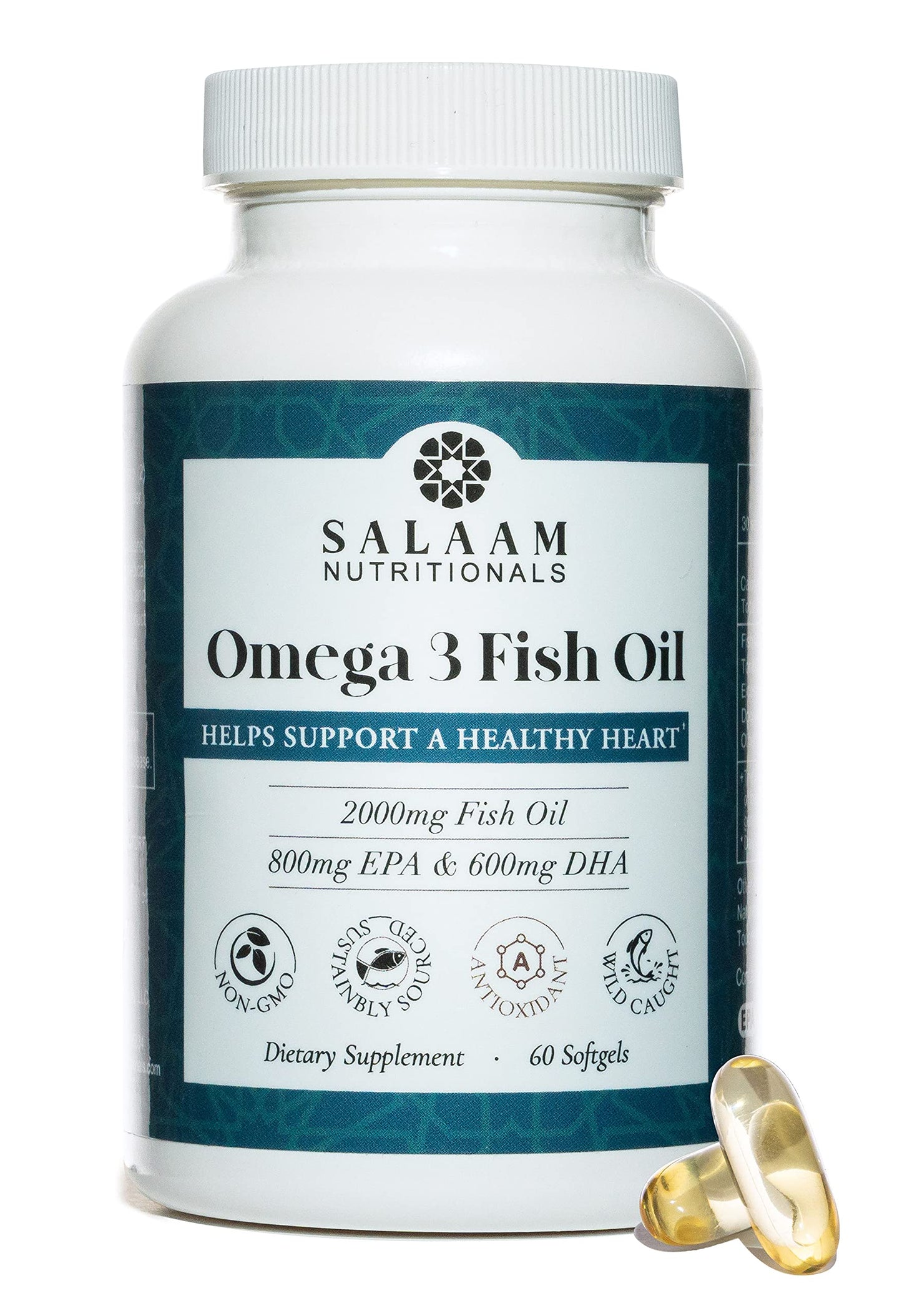 Salaam Nutritionals Halal Fish Oil Burpless Omega-3 DHA+EPA 2000mg Softgel, 60 Count