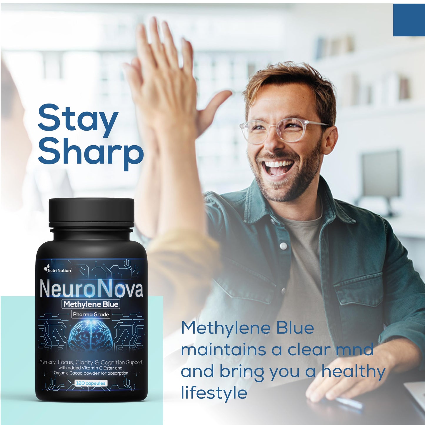 Nutri Nation Methylene Blue Pharmaceutical Grade Supplements with Added Vitamin C Ester for Enhanced Absorption, Capsules, 360