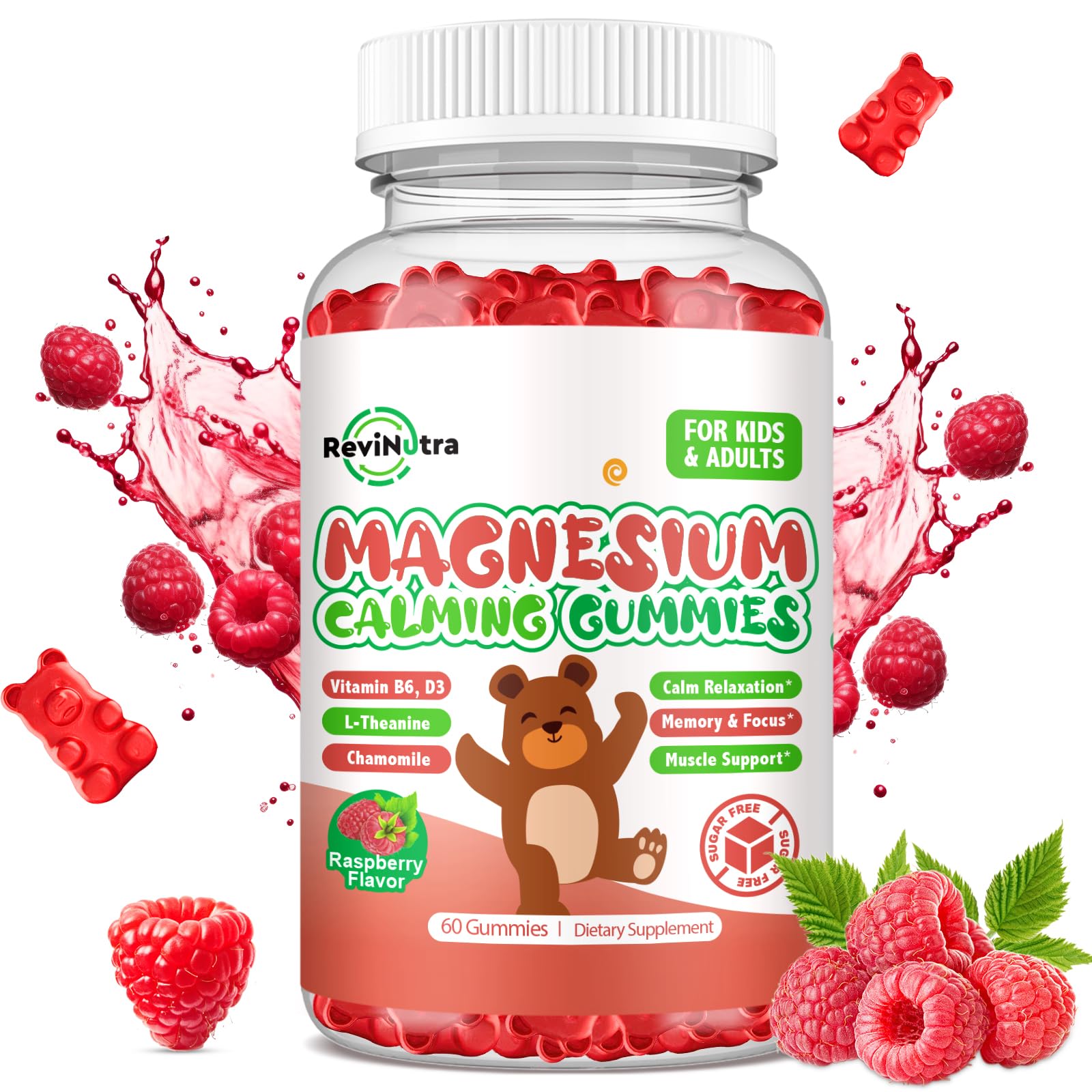ReviNutra Magnesium Glycinate Gummies with L-Theanine, Vitamin B6, D3 for Kids & Adults Sugar Free Raspberry, 60 Count