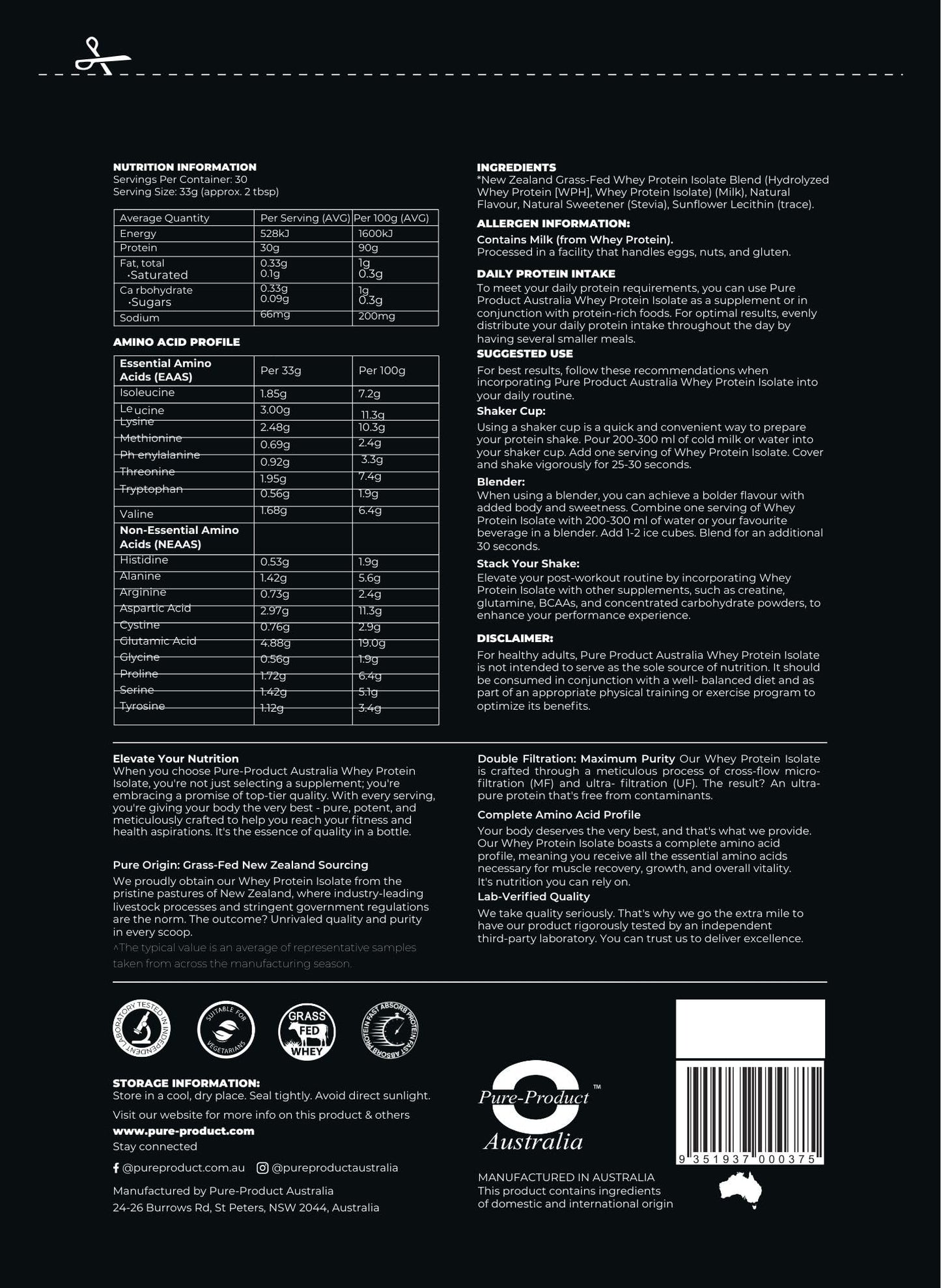 Pure Product Australia 100% Whey Isolate Protein Powder, Vanilla, 1kg, 33 Servings