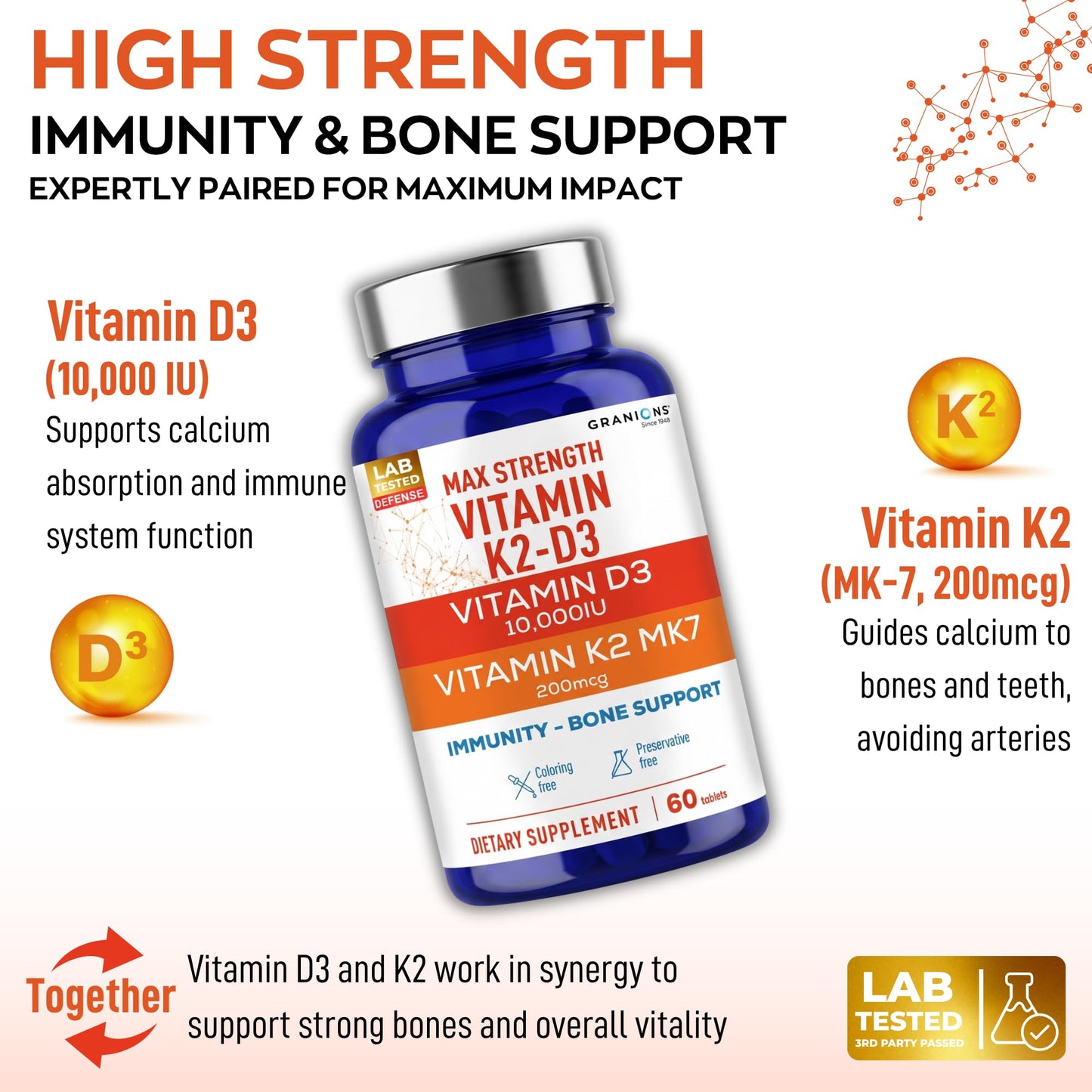 Granions Max Strength Vitamin D3 K2 Supplement, 60 Tablets