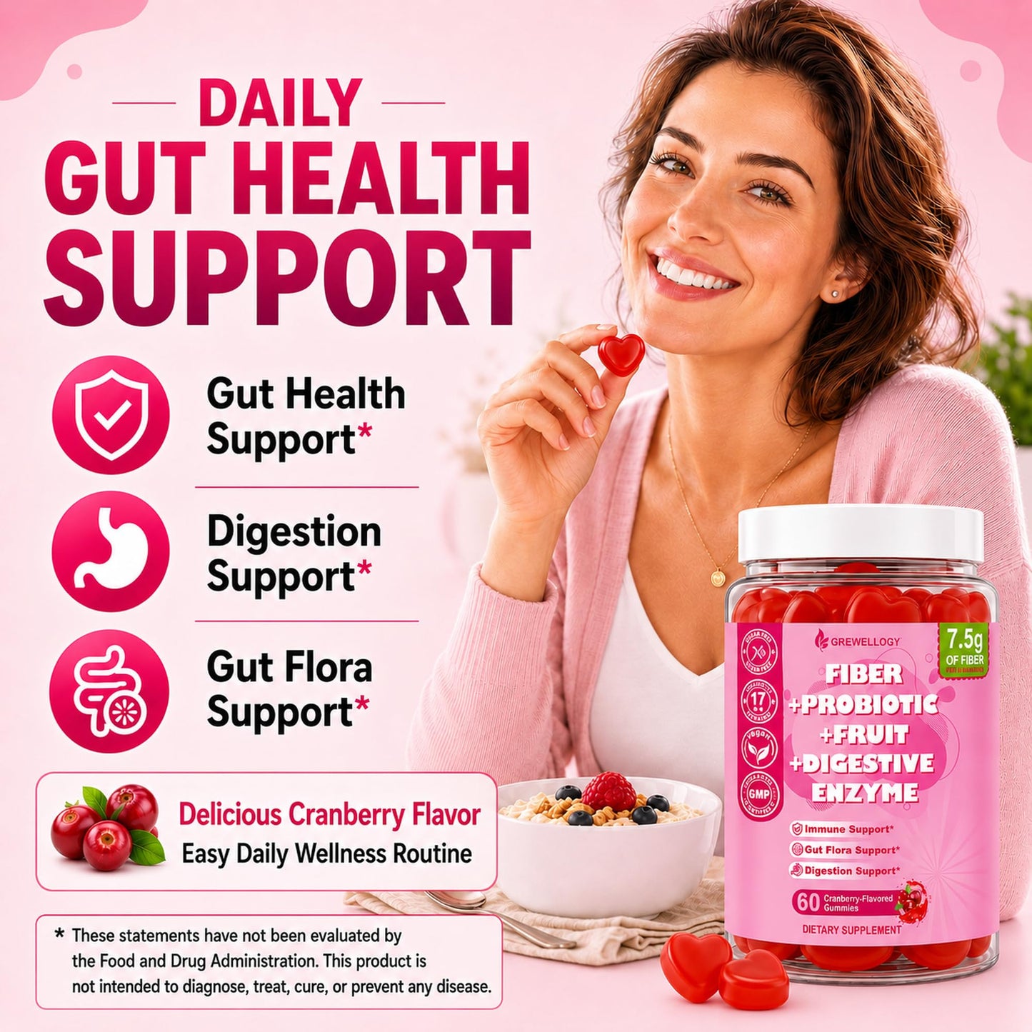 Grewellogy Fiber Gummies for Adults, Sugar Free Fiber Supplement with Prebiotics, Probiotics & Digestive Enzymes for Gut Health Support, 60 Count