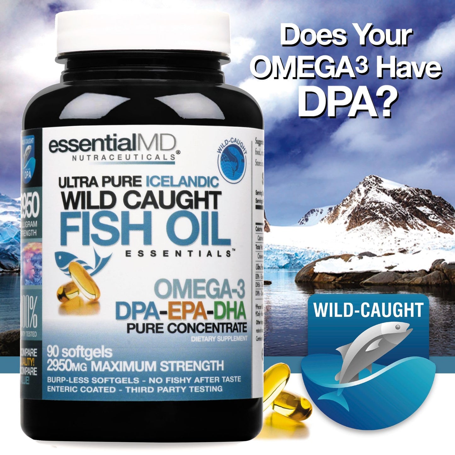 Essential MD Triple Strength Wild Caught Icelandic Omega-3 Fish Oil Essentials 2900mg with DPA, EPA & DHA, 90 Capsules