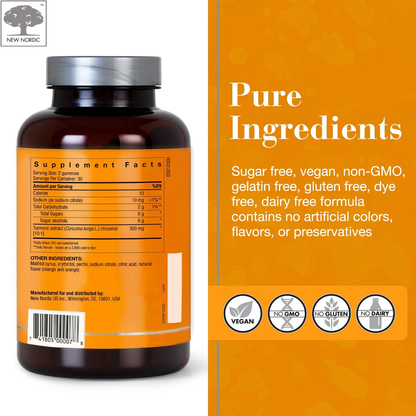 NEW NORDIC Turmeric Curcumin Gummies 300 mg Turmeric, Sugar Free, 60 Gummies