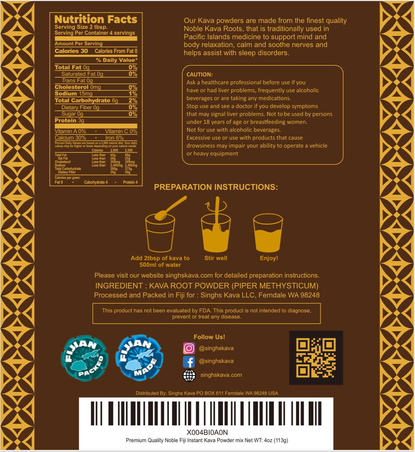 SINGHS Noble Fiji Instant Kava Powder 4oz, 1 Pack