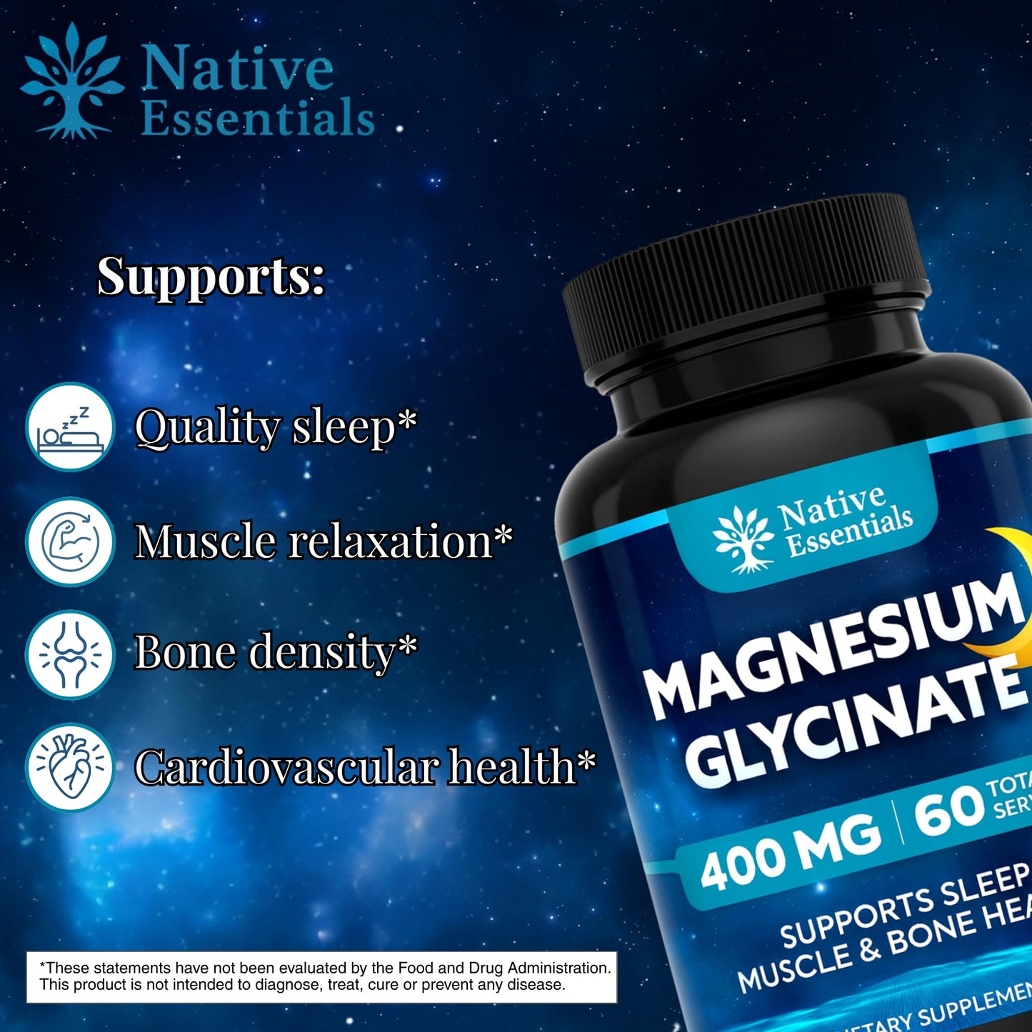 Native Essentials Magnesium Glycinate 400mg - High Absorption Sleep Muscle Bone Support, 120 Capsules