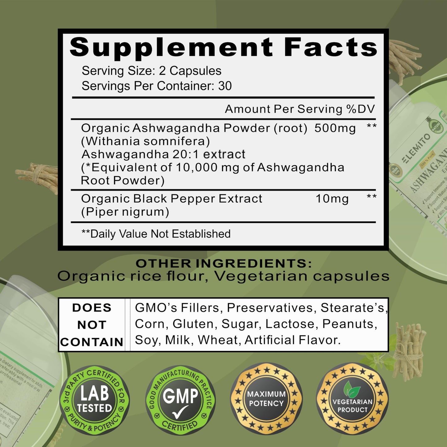 ELEMITO Ashwagandha Extra Strength 60 Capsules