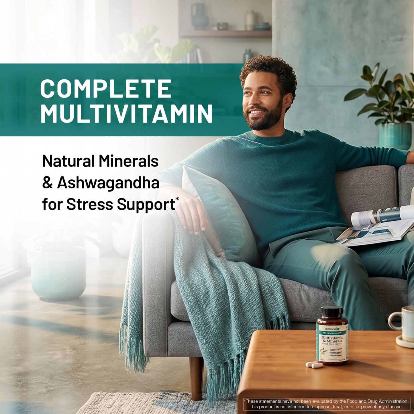 NatureWise Multivitamin for Men + Stress Support + Fulvic Ionic Minerals + Probiotics for Immunity, Male Health, Digestion + Whole Organic Foods - Vegetarian, Non-GMO Capsules, 60 Count