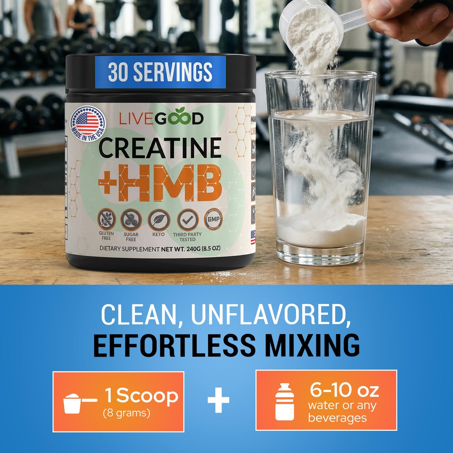 LIVEGOOD Creatine Monohydrate with HMB Powder, Unflavored, 8.5 oz
