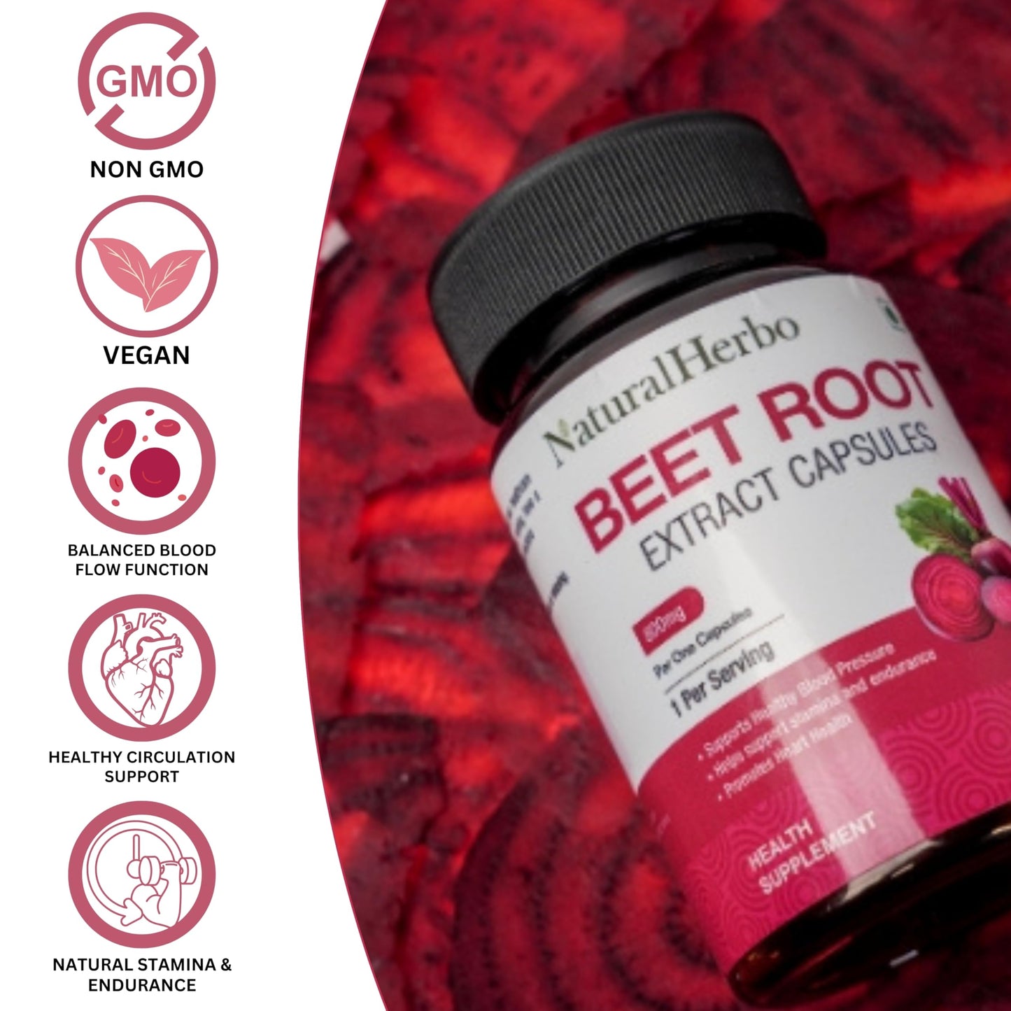 NaturalHerbo Beet Root Capsules 800mg, 60 Count