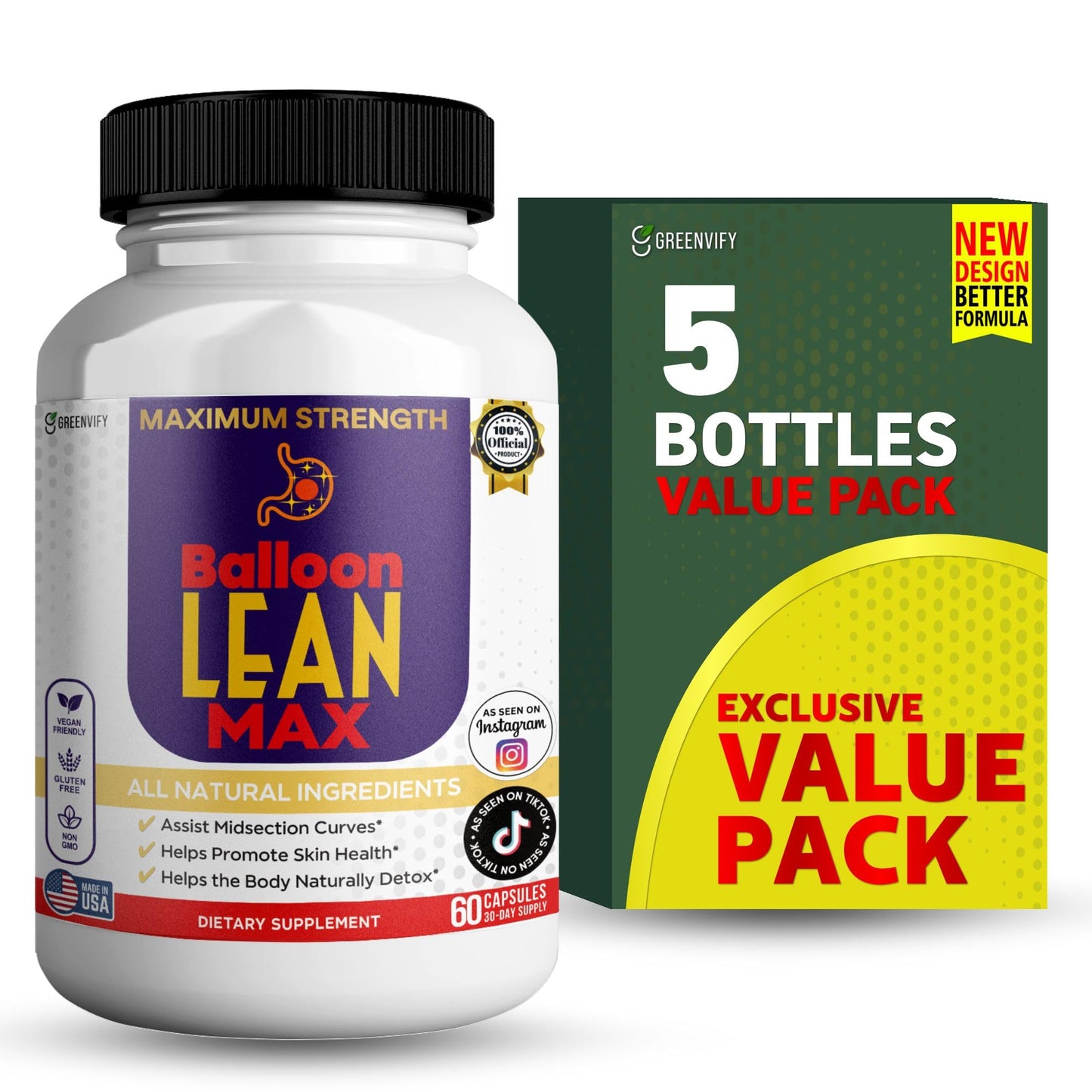 GREENVIFY Balloon Lean Max Maximum Strength Dietary Supplement 60 Capsules