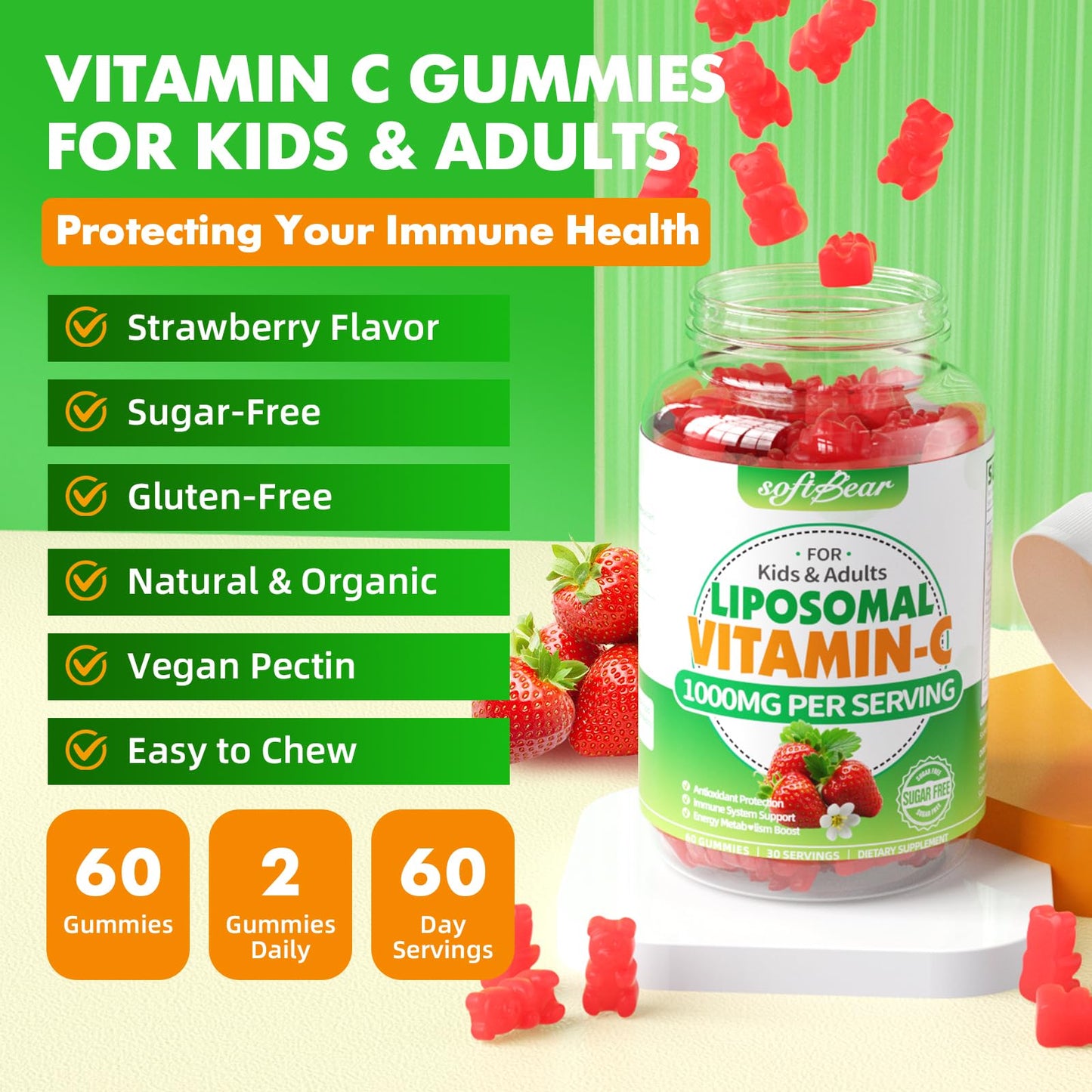 Softbear Liposomal Vitamin C Gummies for Adults & Kids 1000mg 60 Count