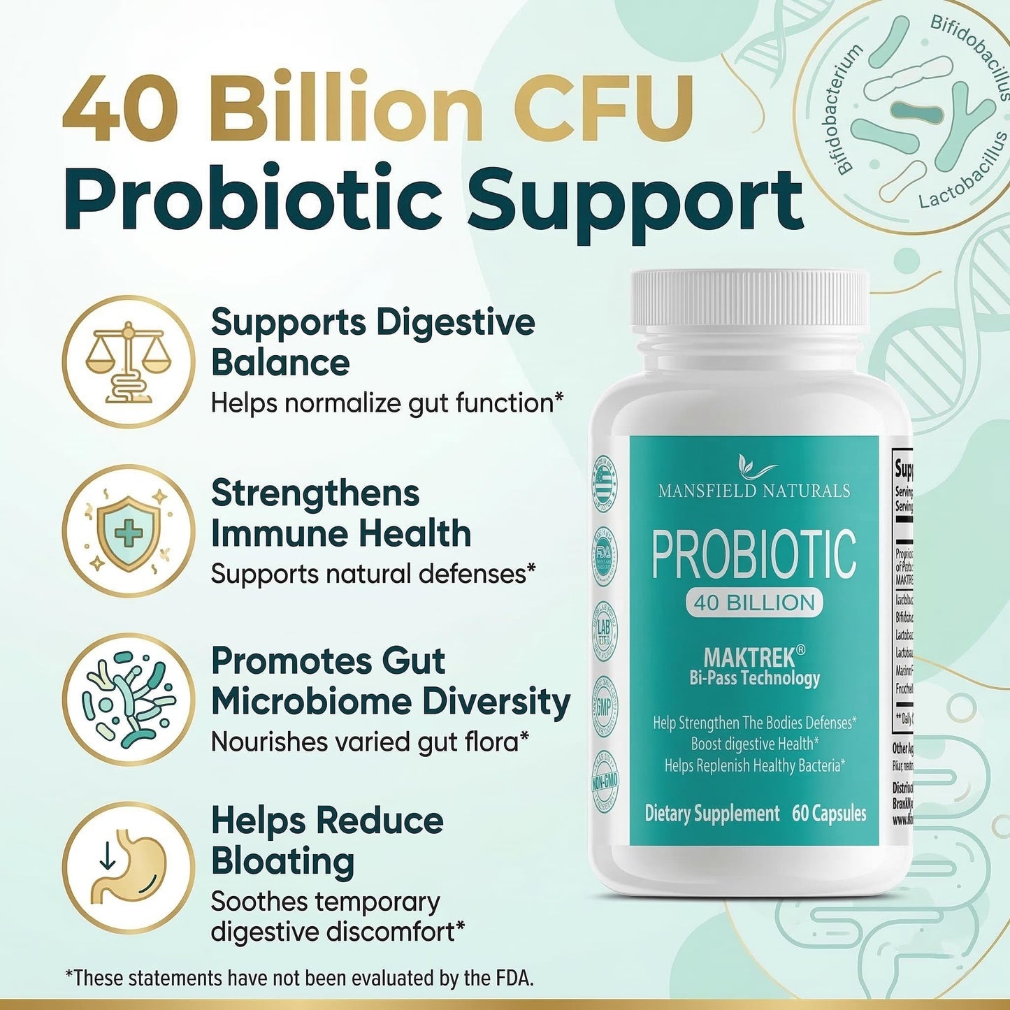 Mansfield Naturals Probiotic Supplement 40 Billion CFU Capsules 60 Count
