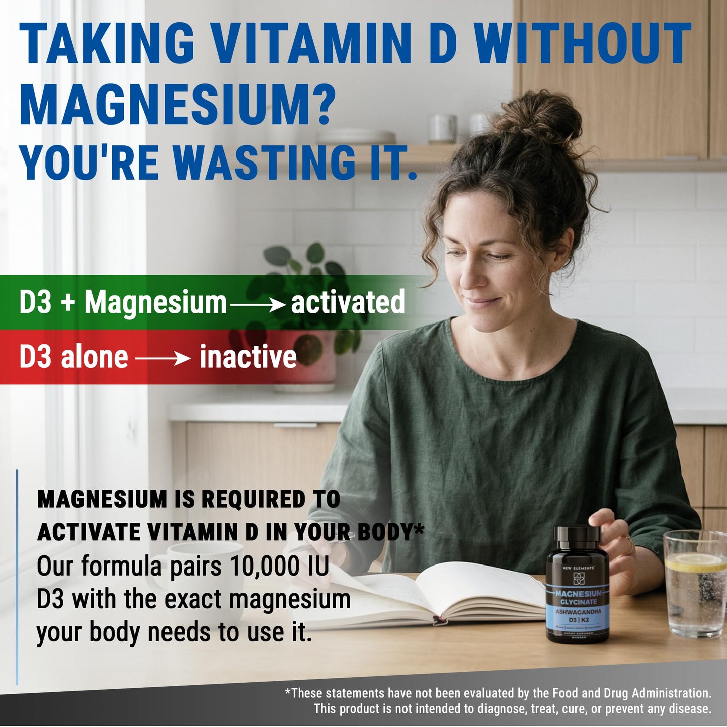 New Elements Magnesium Glycinate 1500mg with Ashwagandha 300mg + Vitamin D3 10,000 IU & K2 (MK-7) 200mcg, 60 Capsules