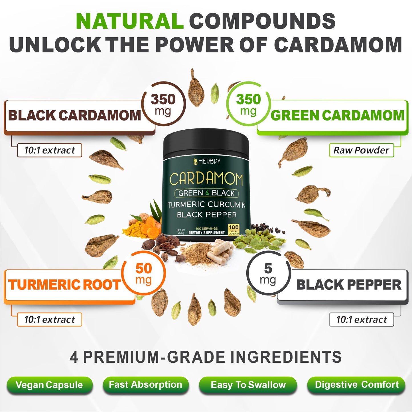 Herbpy 4in1 Cardamom Supplement - Green & Black Cardamom Seeds with Turmeric & Black Pepper – Digestive Health & Natural Wellness Capsules 100