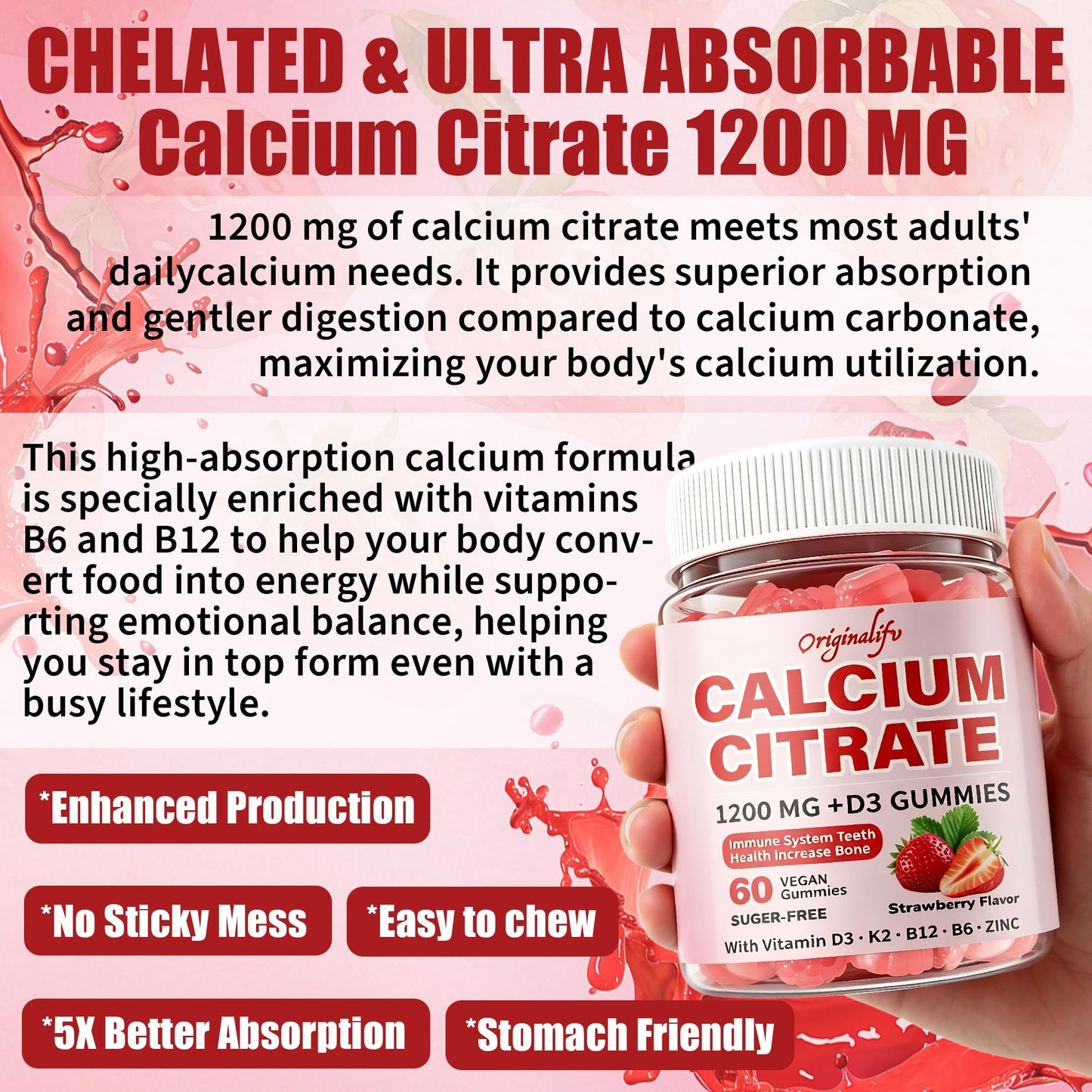 originalifv 6-in-1 Calcium Gummies 1200 mg with Vitamin D3, K2, 60 Gummies