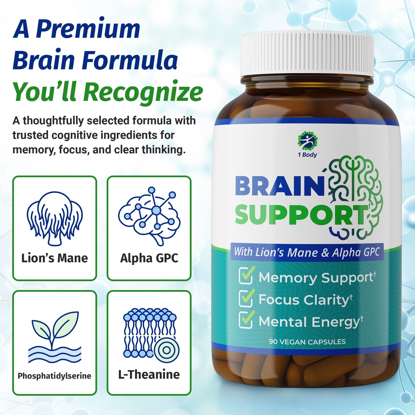 1 Body Brain Support Alpha GPC and Lion's Mane Extract, 270 Capsules