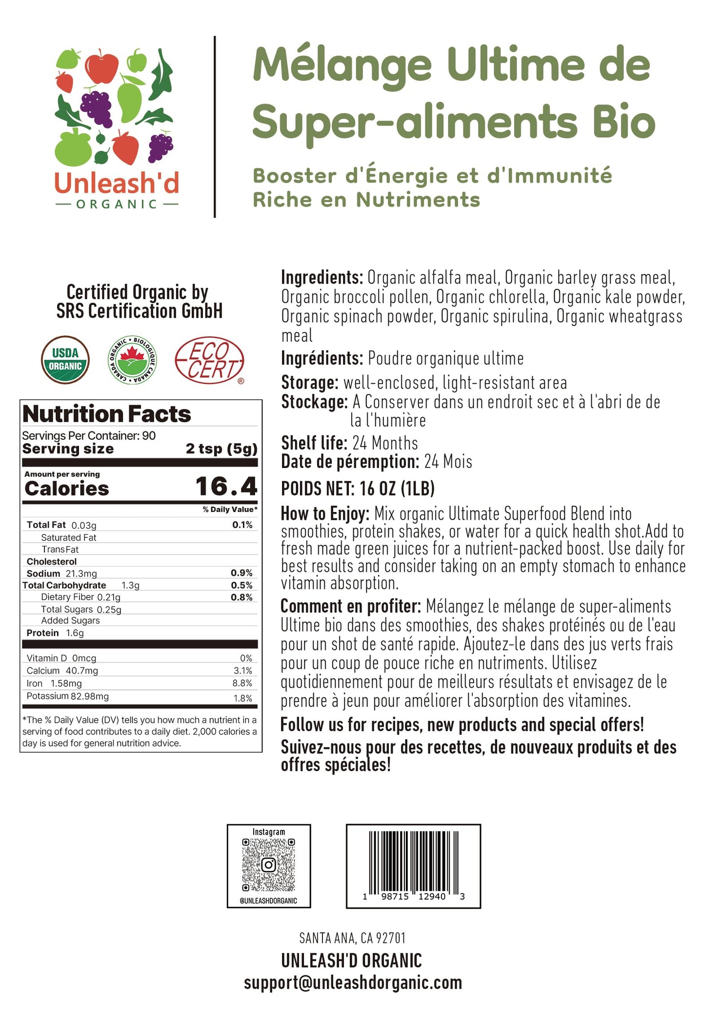 UNLEASH'D ORGANIC Organic Ultimate Superfood Powder 16 Ounce