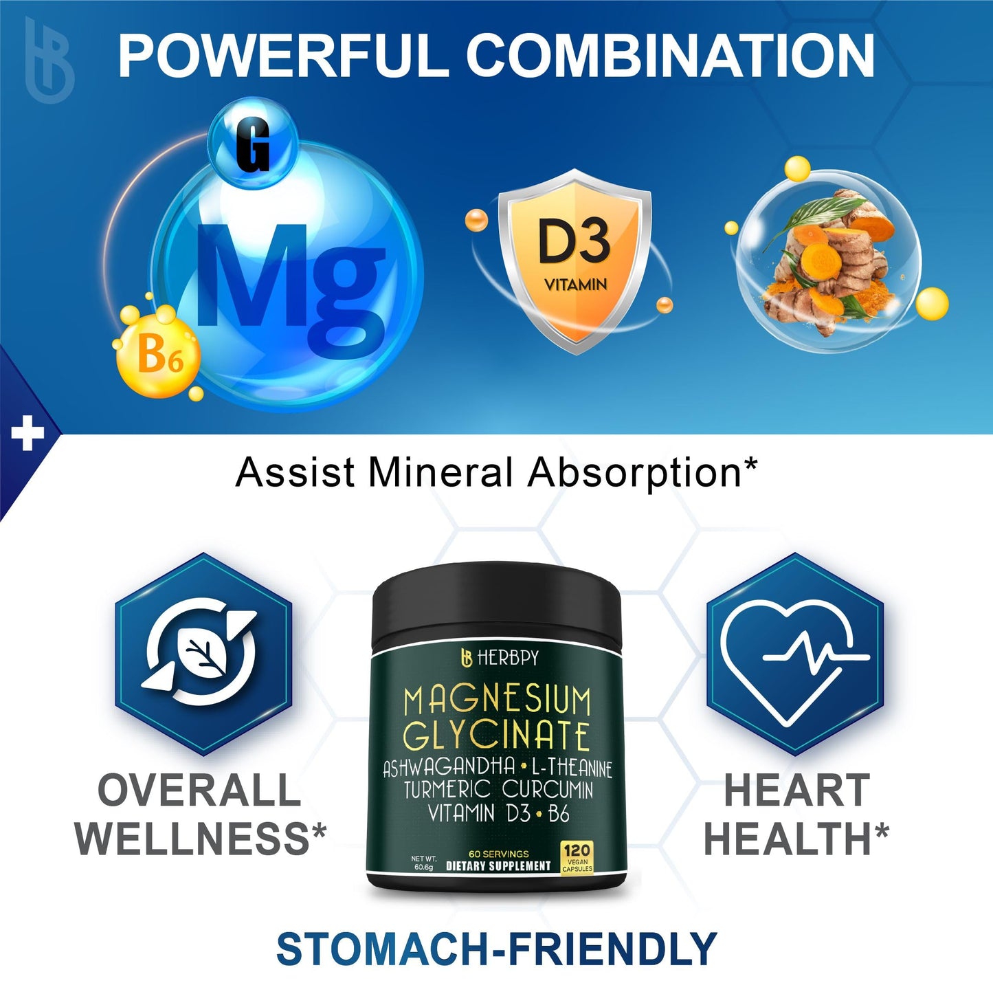 Herbpy 6in1 Restful Day and Night Supplement with Magnesium Glycinate, Vitamin D3, B6, L-Theanine, Ashwagandha and Turmeric Root - Brain, Heart and Digestive Health Support, 120 Vegan Capsules