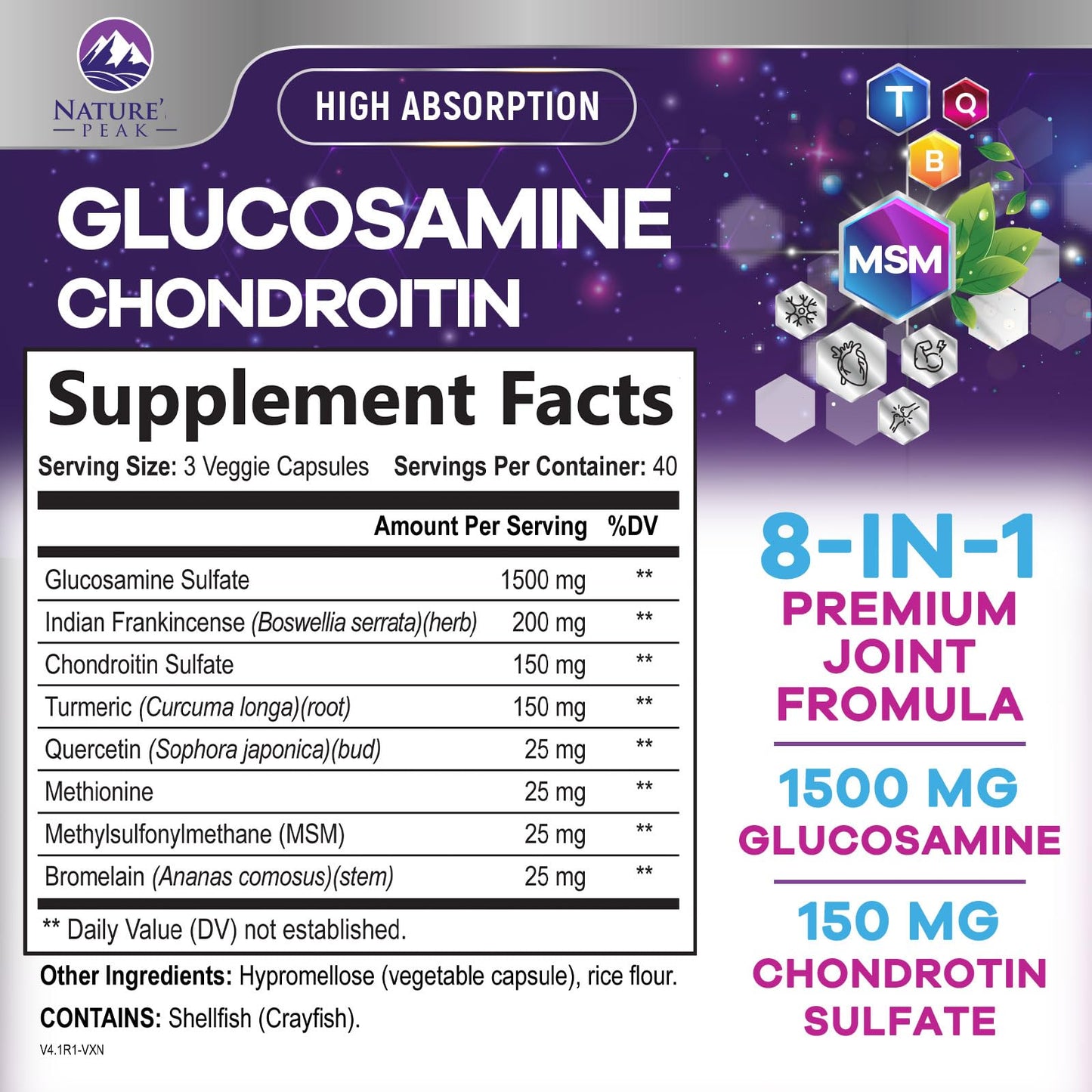 Nature's Peak Glucosamine Chondroitin MSM & Turmeric Extra Strength Joint Support Capsules, 120 Capsules