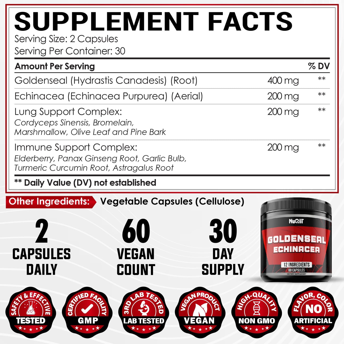 NUQIIT Goldenseal Root with Echinacea, Panax Ginseng, Elderberry, Garlic Capsules, 60 Count