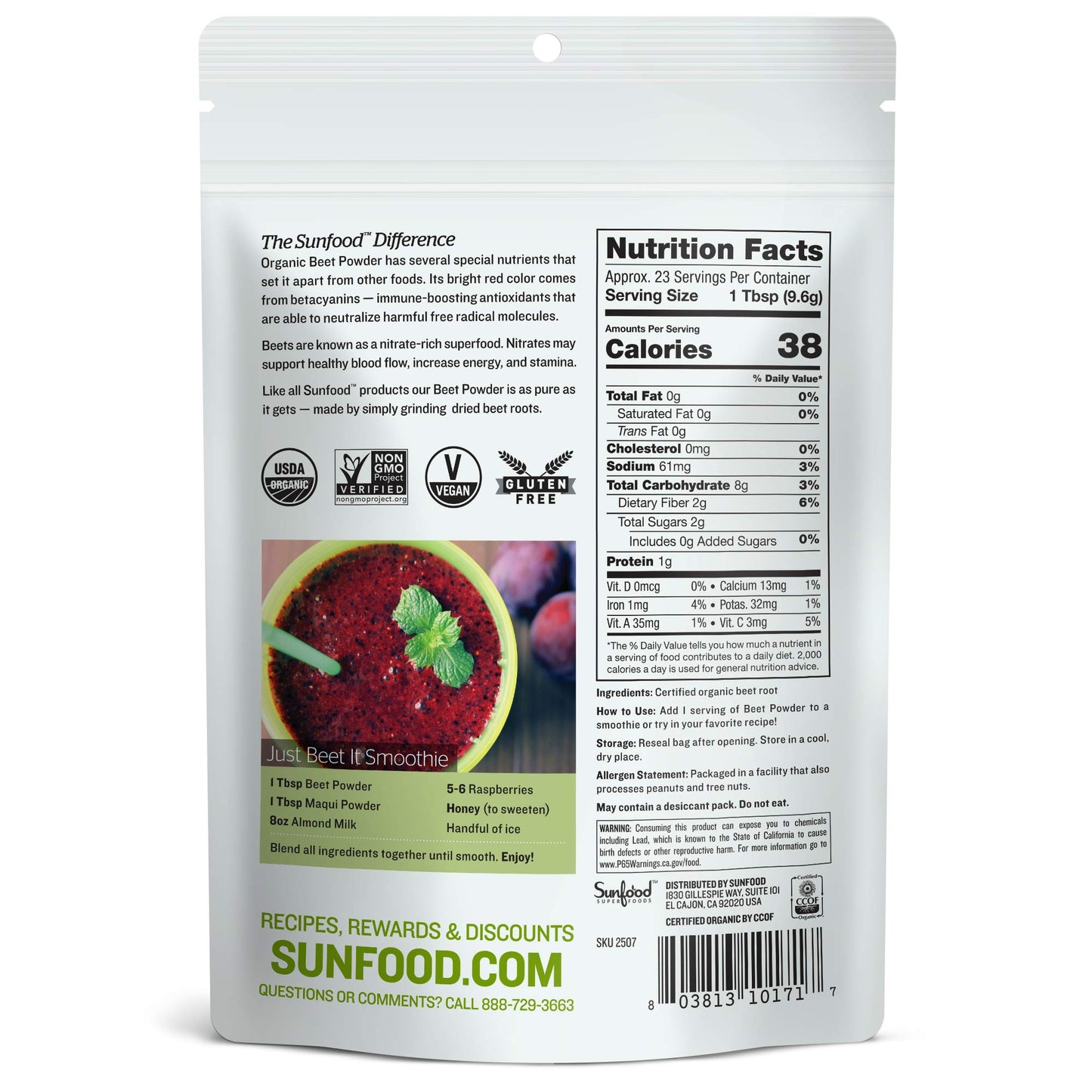Sunfood Superfoods Organic Beet Root Powder 8 oz