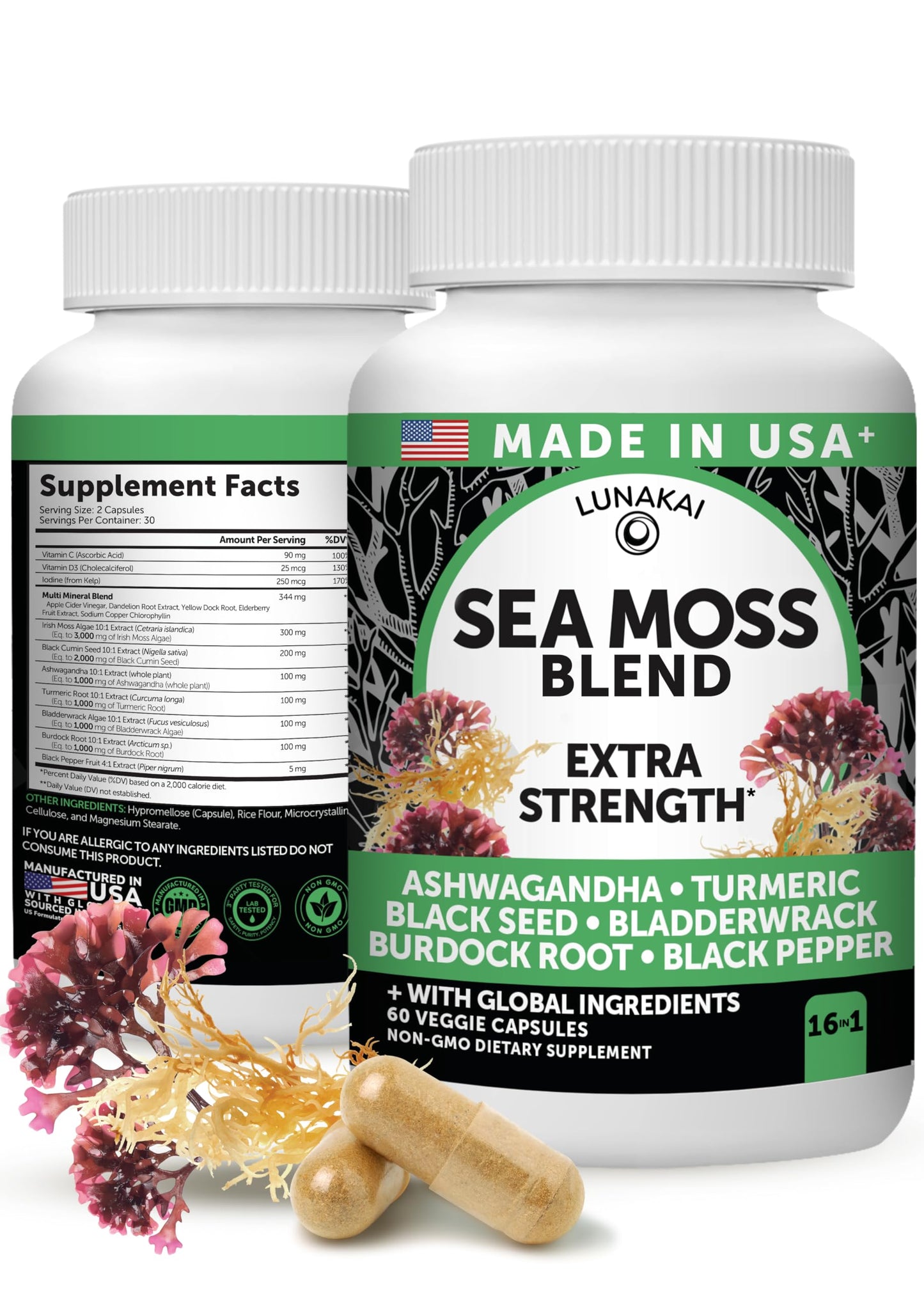 Lunakai Irish Sea Moss Capsules with Black Seed Oil, Ashwagandha, Burdock Root & Bladderwrack, 60 Capsules