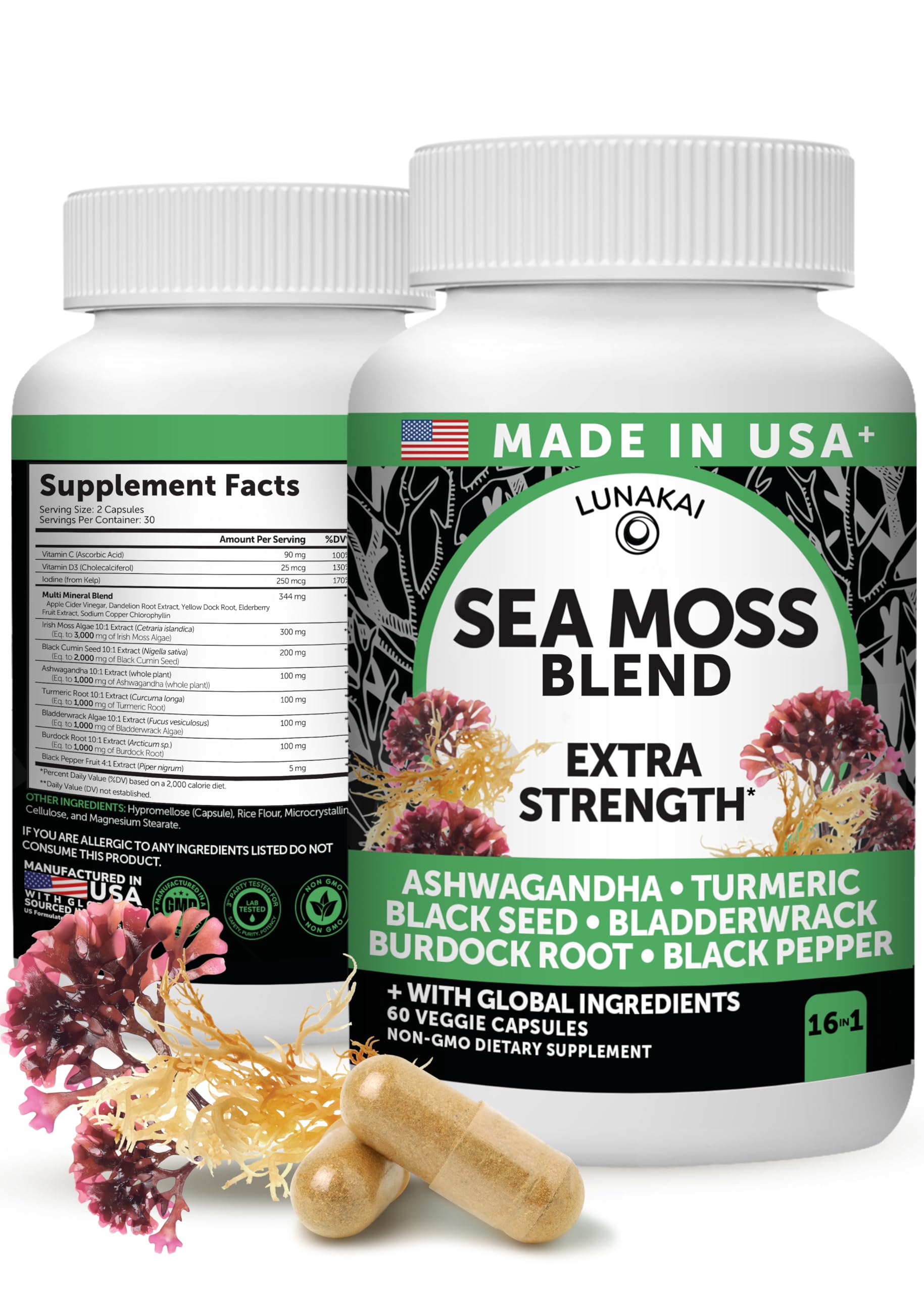 Lunakai Irish Sea Moss Capsules with Black Seed Oil, Ashwagandha, Burdock Root & Bladderwrack, 60 Capsules