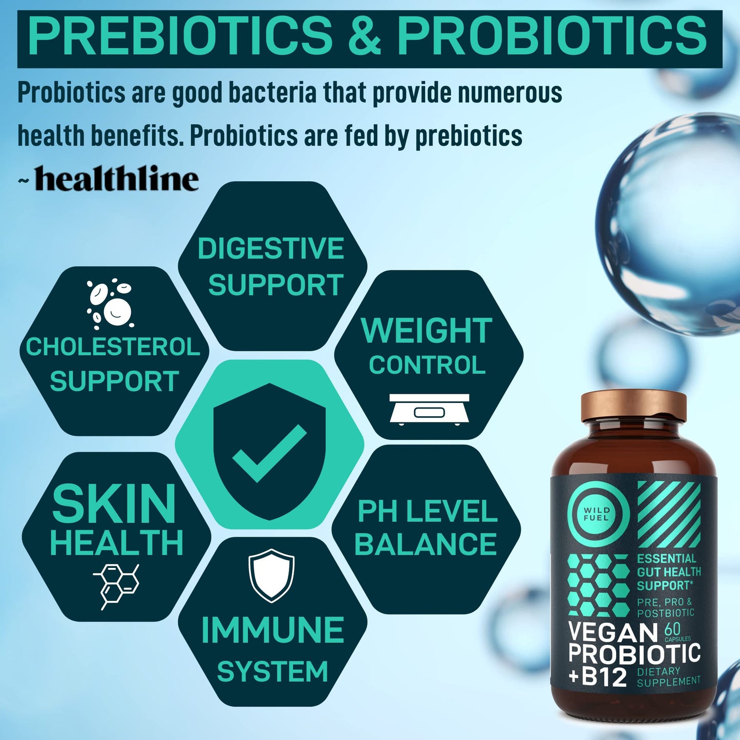 Wild Fuel Vegan Probiotic Plus B12 & FOS 22 Billion CFU Synbiotics Prebiotics and Probiotics for Digestive Health, IBS, Mood Support - B12 Pre Pro Post Biotics for Women & Men - 60 Capsules
