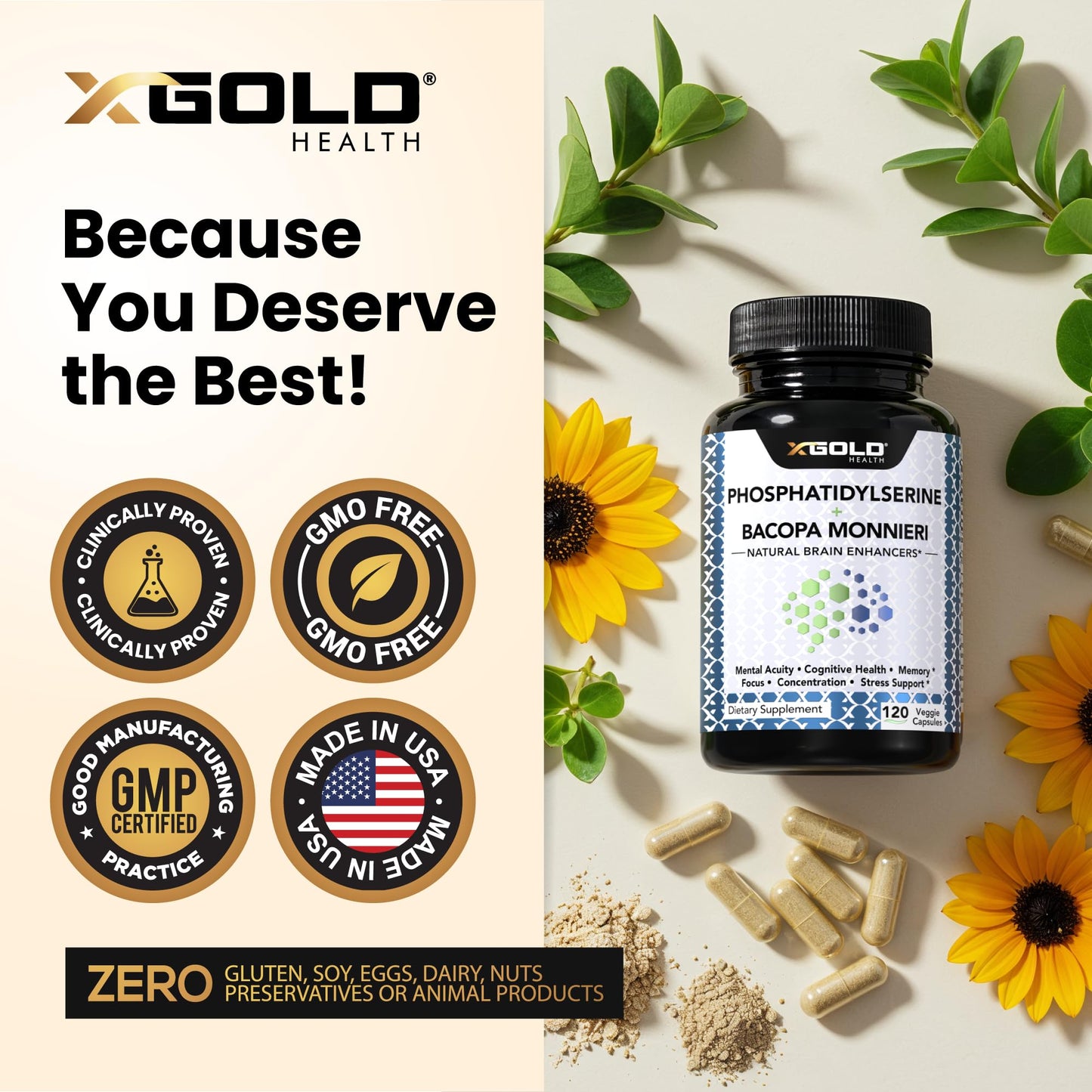 X Gold Health PhosphatidylSerine & Bacopa Monnieri 800 mg 2 in 1 Supplement Capsules, 120 Count