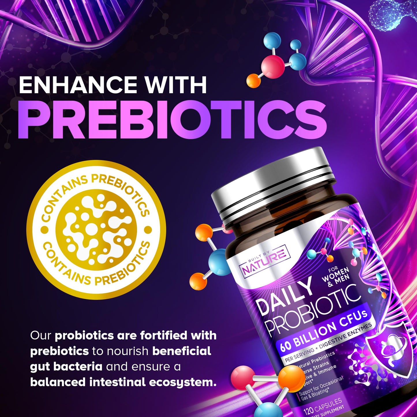 Built by Nature Probiotic for Women & Men – 60 Billion CFU, 10 Strains + Prebiotics & Digestive Enzymes – Supports Digestive, Immune, Reduce Gas & Bloating – Shelf Stable, Non-GMO, 120 Capsules